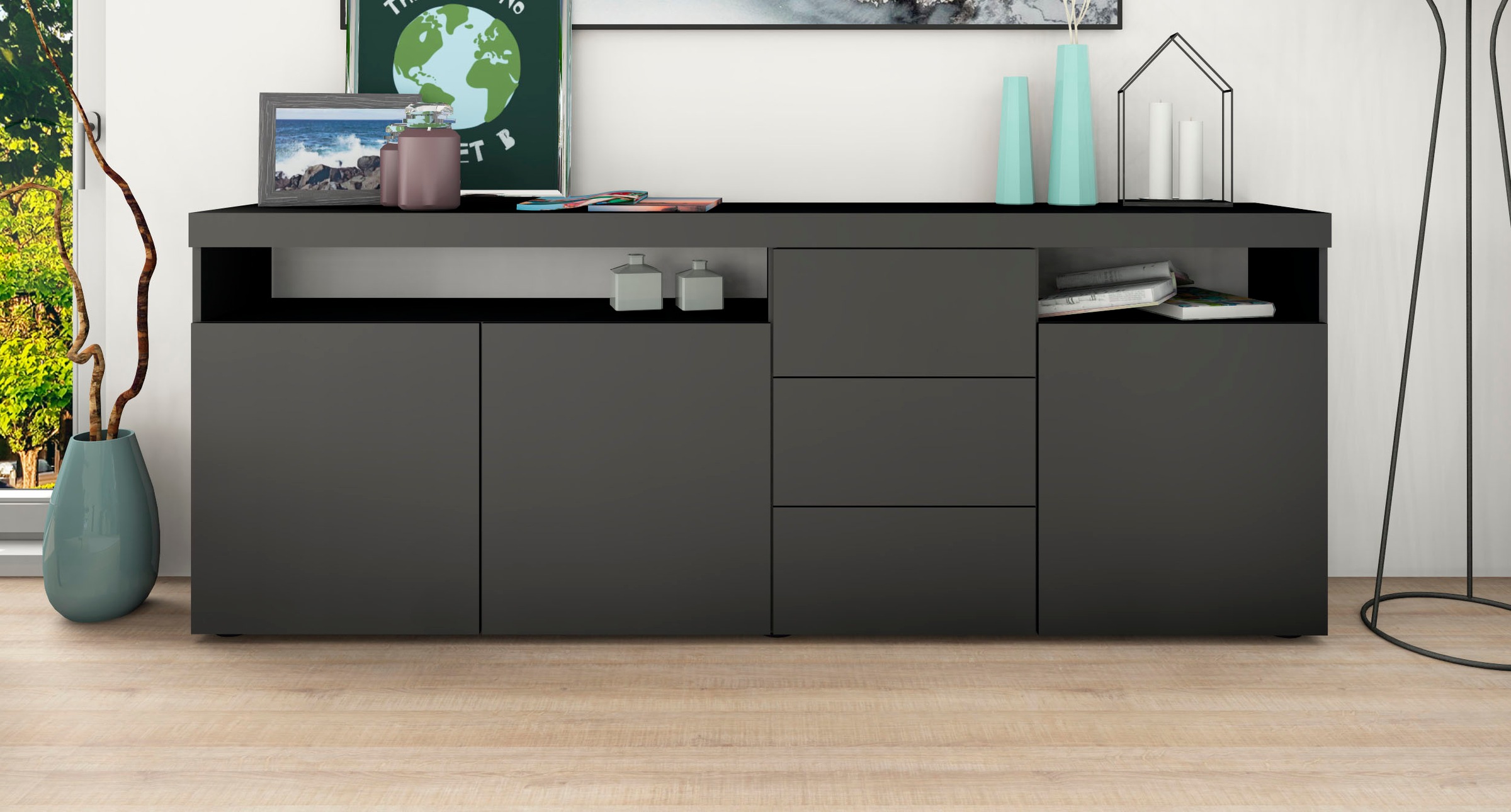 Thumbnail - borchardt Möbel Sideboard "Kapstadt, Kommode mit Push-to-open-Funktion, Hochglanz-Dekor" Breite 200 cm mit 3 Schubkästen