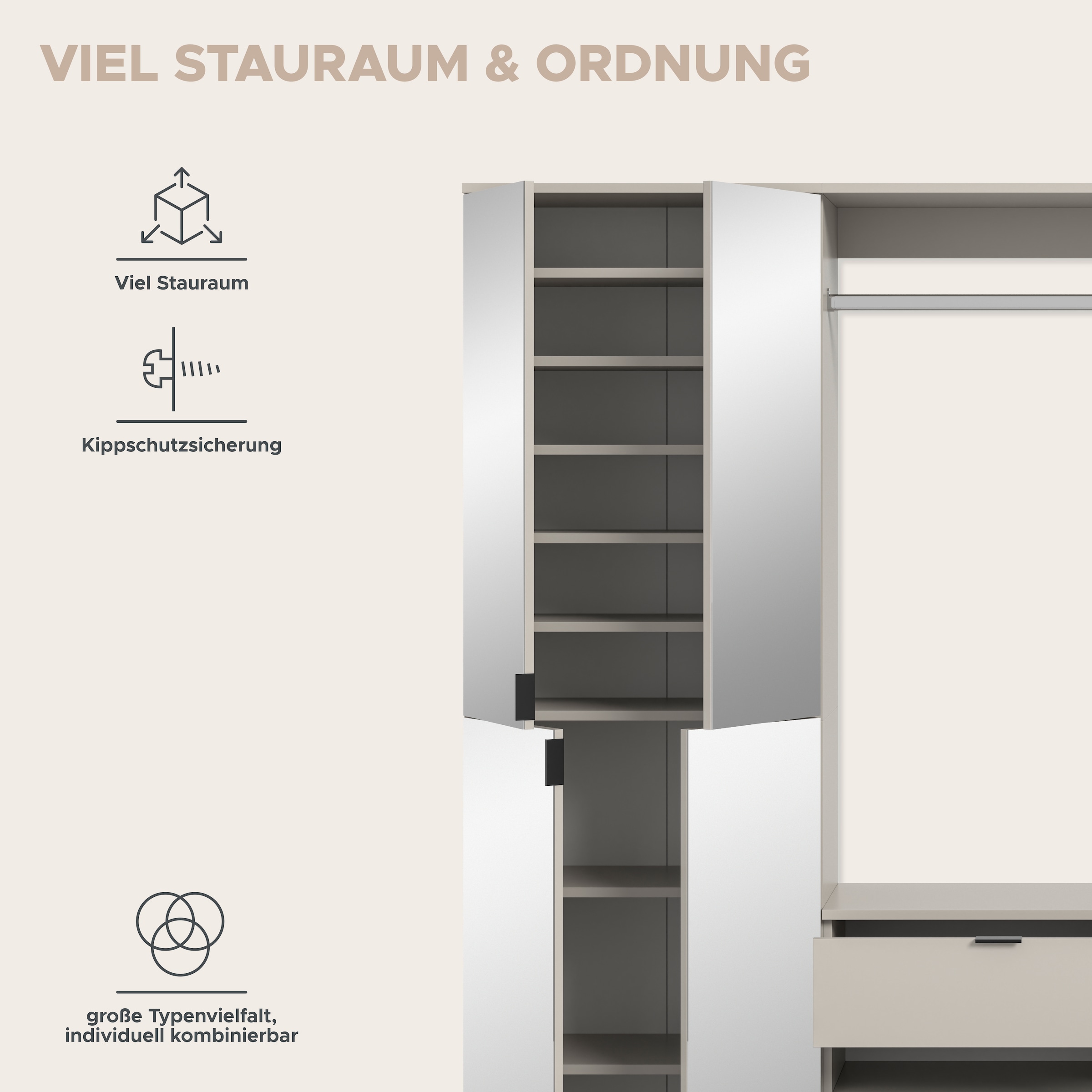 Home affaire Garderoben-Set »TRONDHEIM, 6-teilig, Breite 273cm, individuell platzier- & erweiterbar« Set, bestehend aus: 3x Garderobenschrank & 3-tlgs. Zwischenbauelement, 5 Stk. tlg.