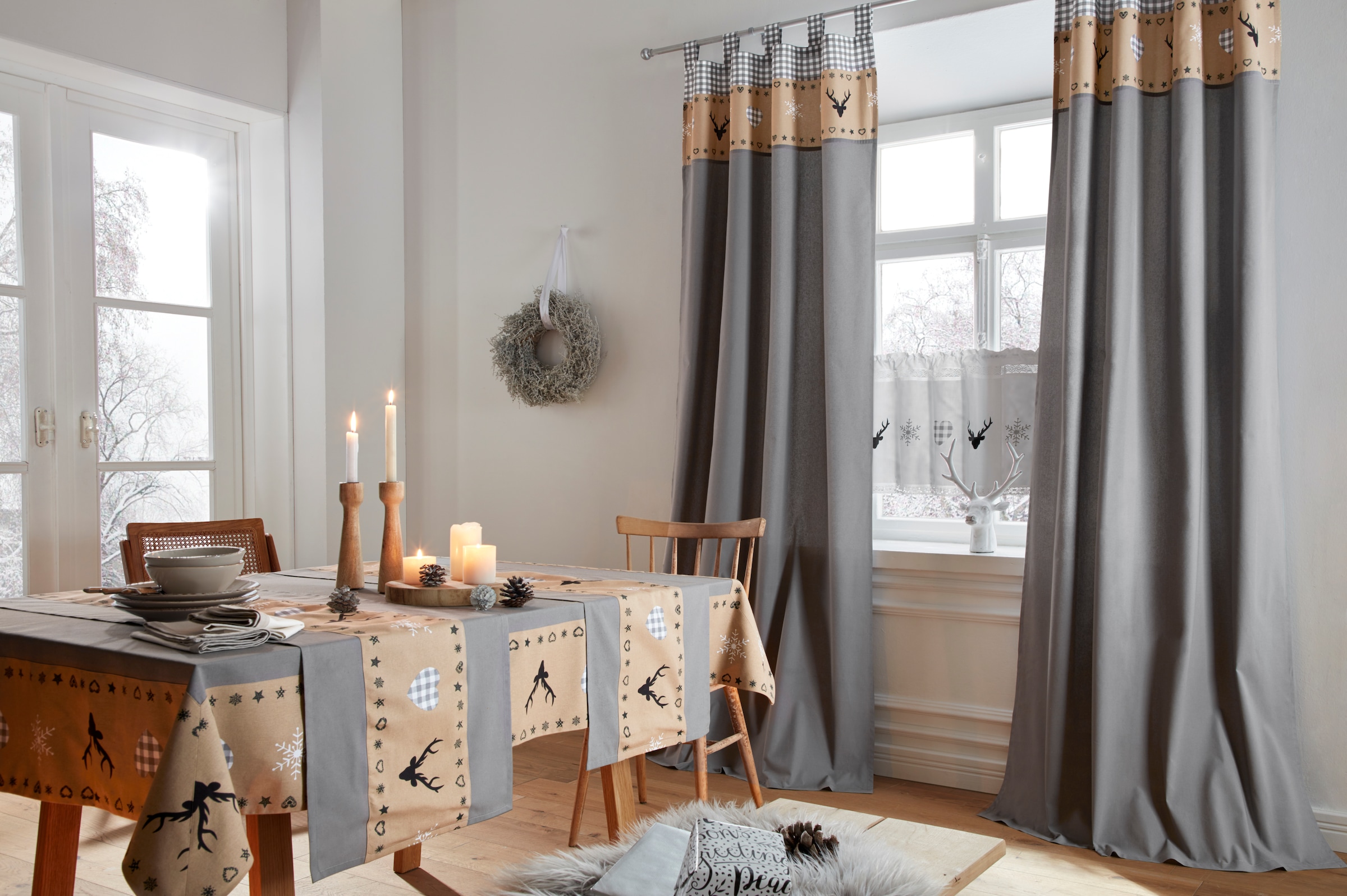 my home Scheibengardine »Xaver«, (1 St.), Halbtransparent, Bedruckt,  Baumwolle, weihnachtliches Design auf Rechnung | BAUR