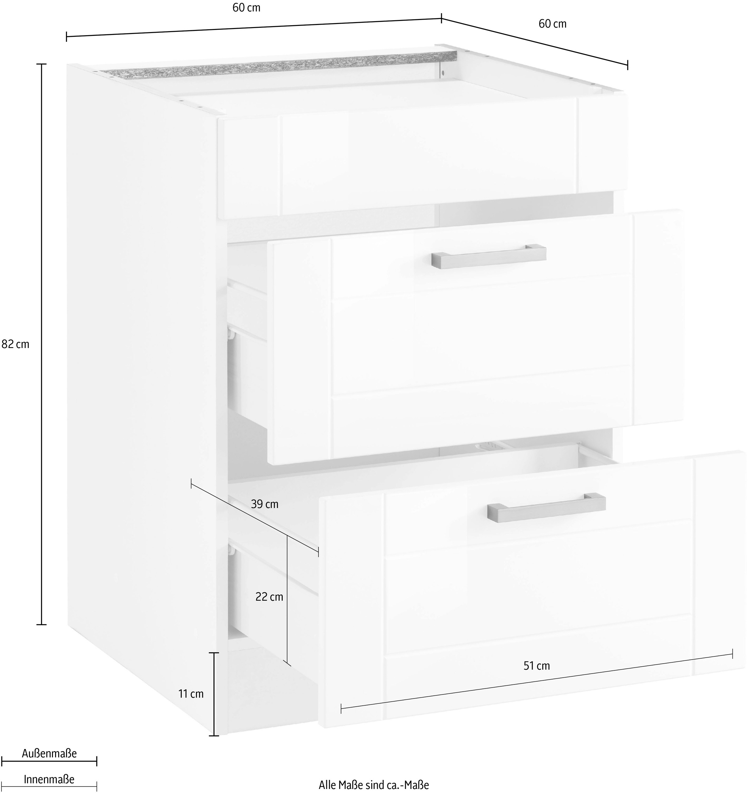 KOCHSTATION Kochfeldumbauschrank »KS-Tinnum«, 60 cm breit, 2 Auszüge, Metallgriffe, MDF Fronten
