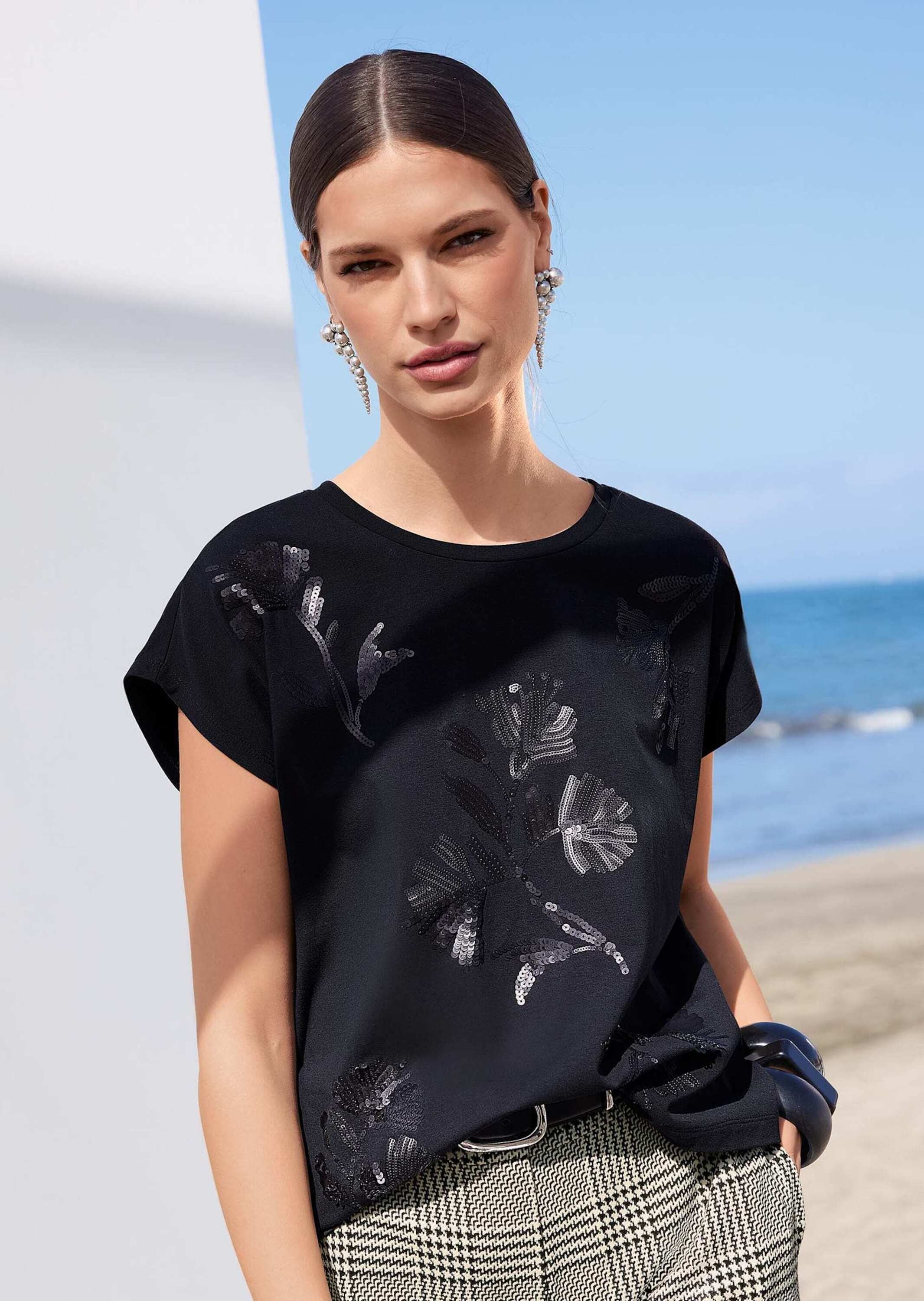 MADELEINE Kurzarmshirt »Shirt Pailletten-Shirt mit Blütenmotiv«