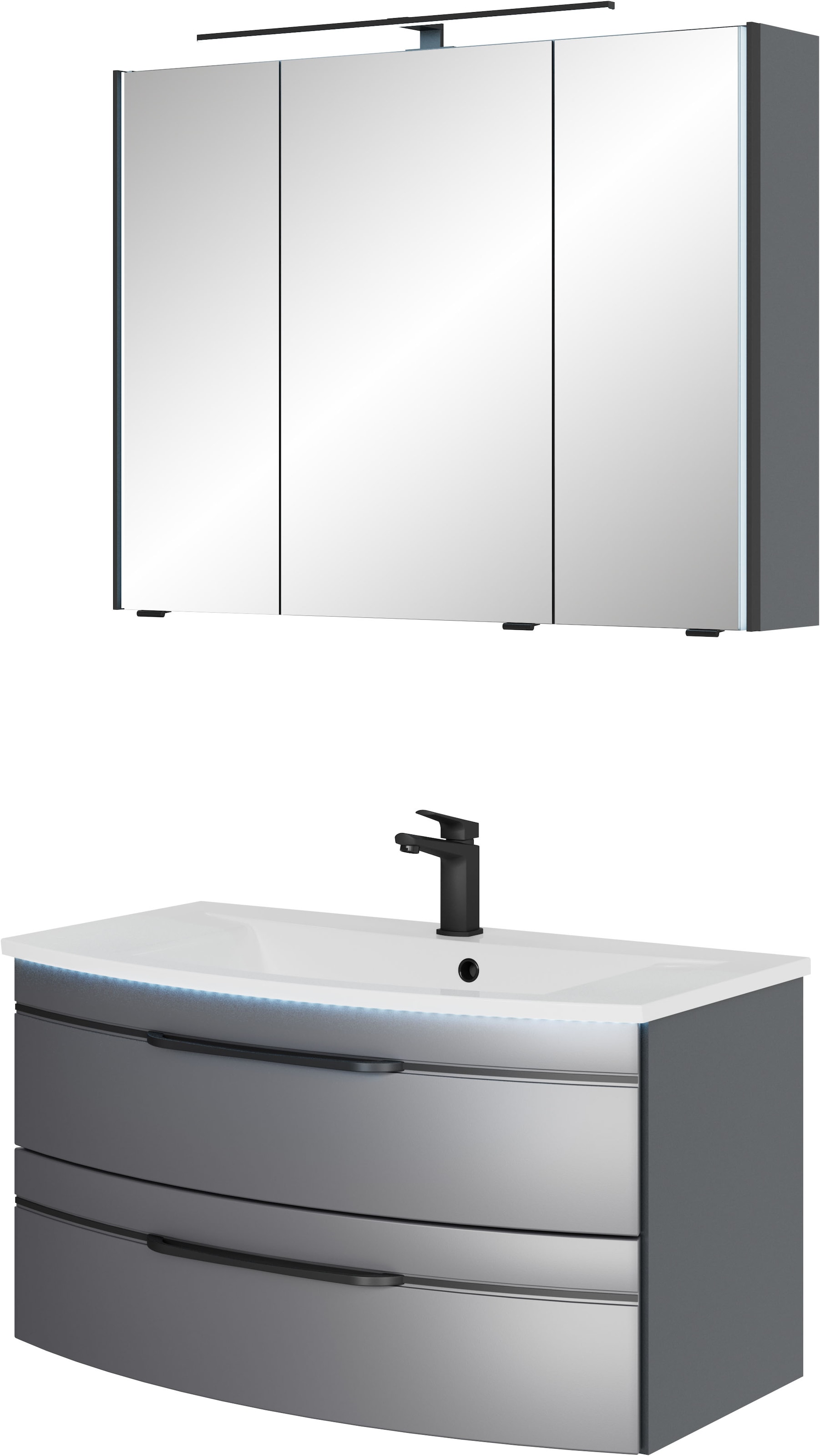 Saphir Badmöbel-Set »Serie 7045 2-teilig Mineralmarmor-Waschtisch mit LED-Spiegelschrank«, (Set, 2 St.), Badezimmer-Set 93,2 cm breit, inkl. Türdämpfer, 3 Türen, 2 Schubladen