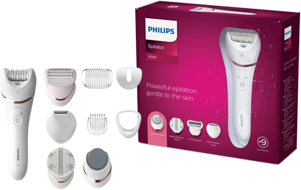 Philips Epilierer »Satinelle Advanced Series 8000 BRE740/10«, 8 St. Aufsätze, Nass- und Trockenepilierer, mit 2 Geschwindigkeitsstufen