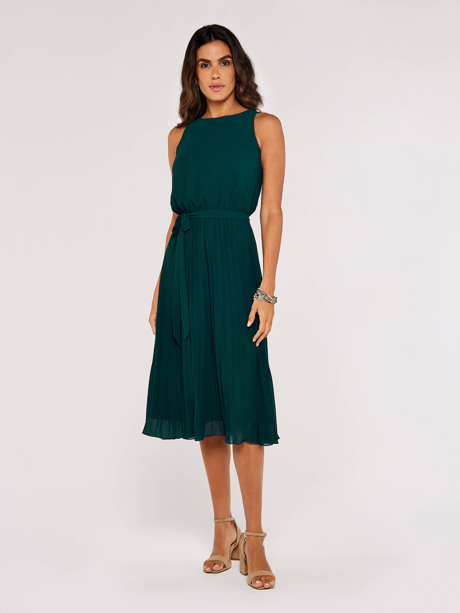 Apricot Midikleid "Plissee Kleid" Stoffgürtel, mit Bindeband