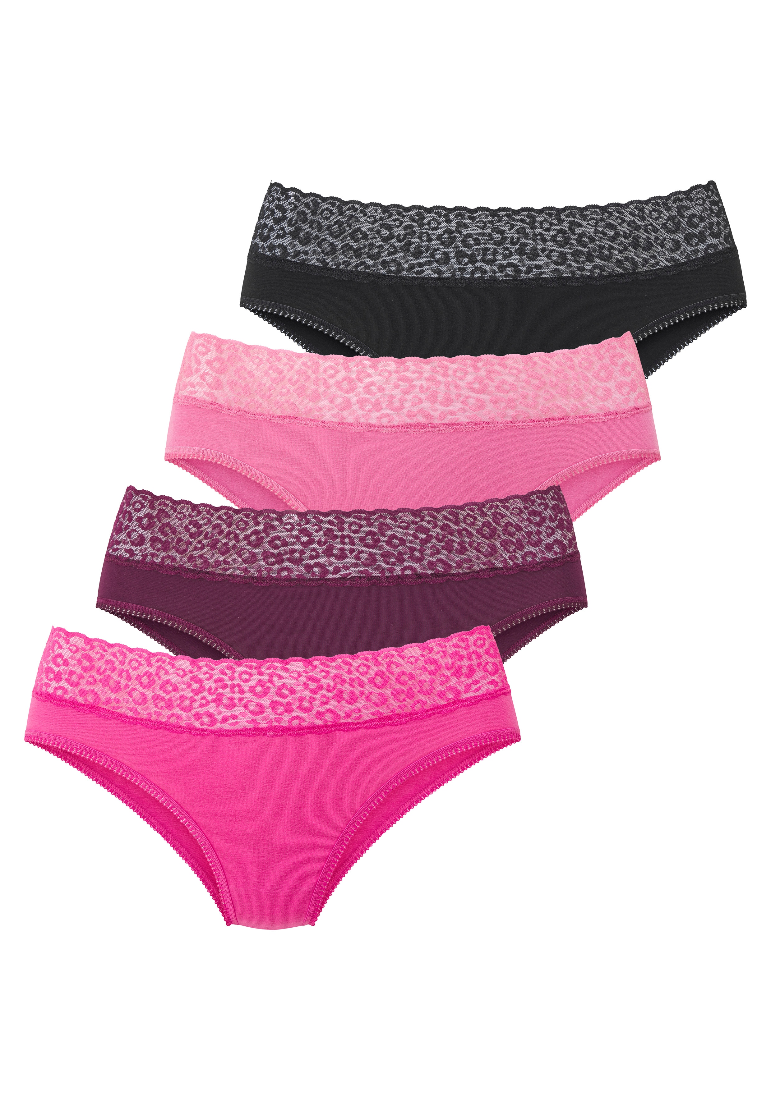 LASCANA Jazz-Pants Slips 4er Pack, aus elastischer Baumwolle mit Leo-Spitze am Bund