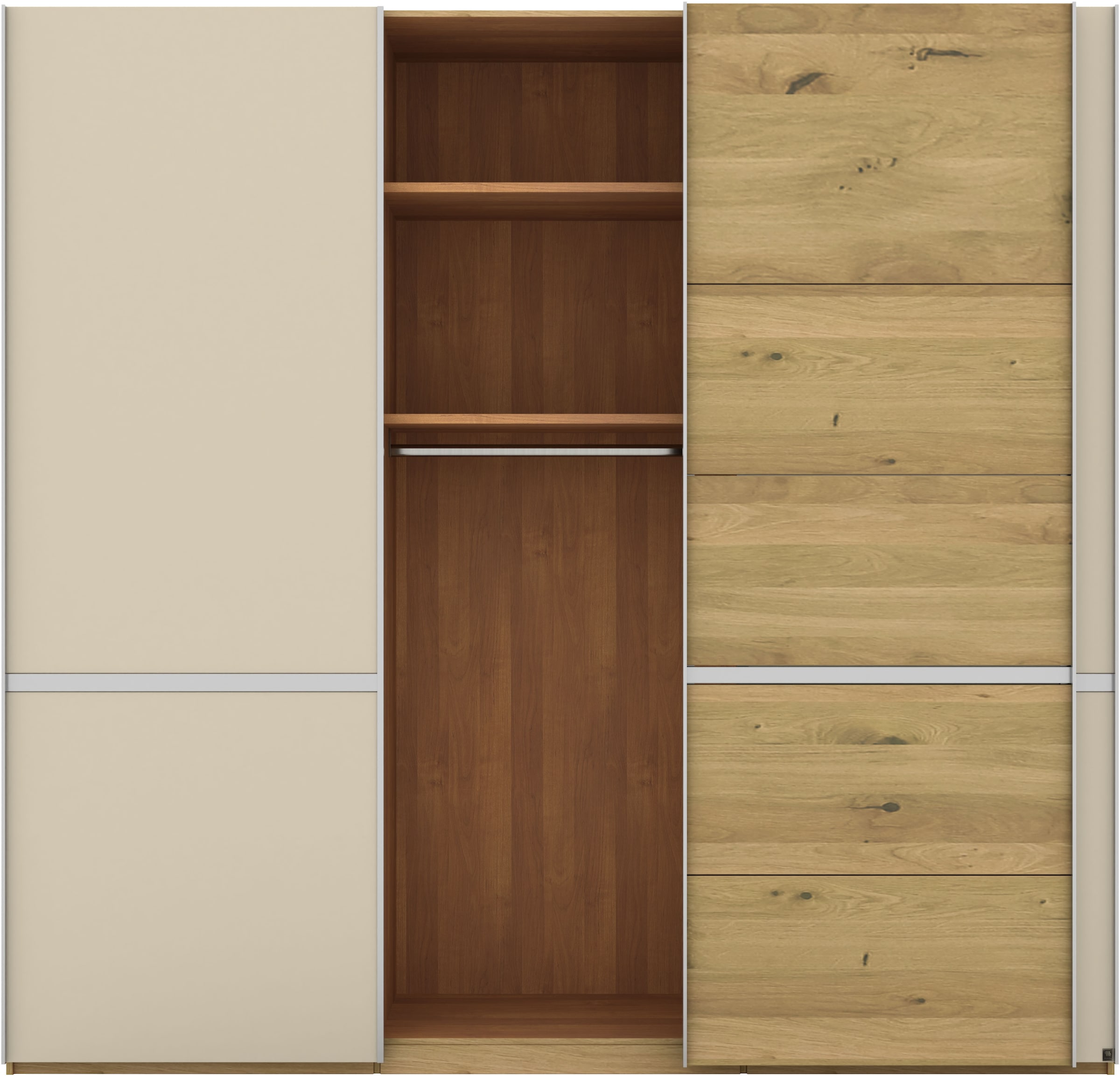 Musterring Schwebetürenschrank »Savona, Kleiderschrank, Schrank, Garderobe, mit Schiebetüren«, (Teilmassiv Bianco-Eiche, mit Spiegel oder Glas, MADE IN GERMANY), Türen Bianco-Eiche massiv, Spiegel-/Glastüren, eingelegte Chromleiste
