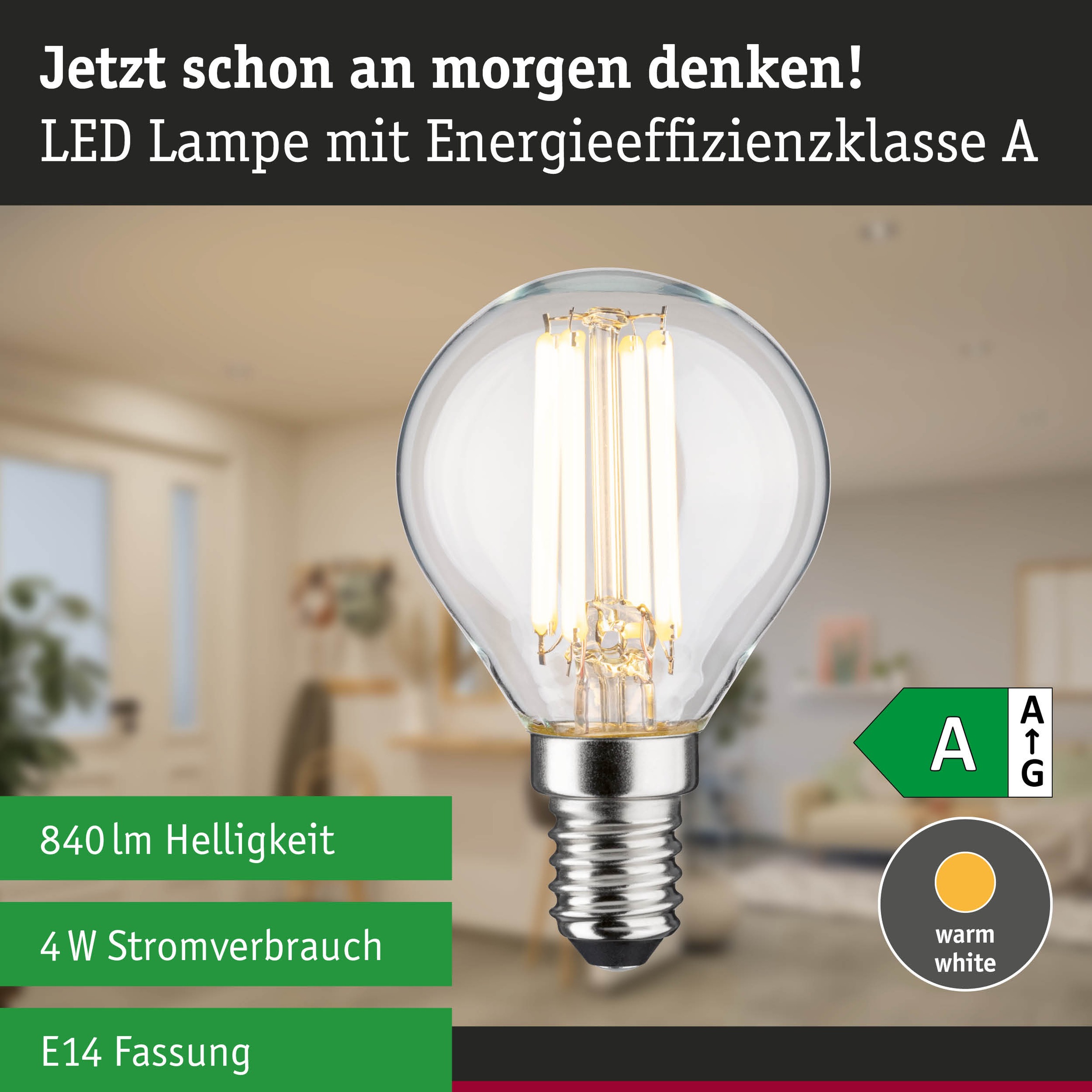 Paulmann LED-Leuchtmittel »Efficient-Line Tropfen 840lm 4W 3000K klar 230V« E14 1 Stk. Warmweiß
