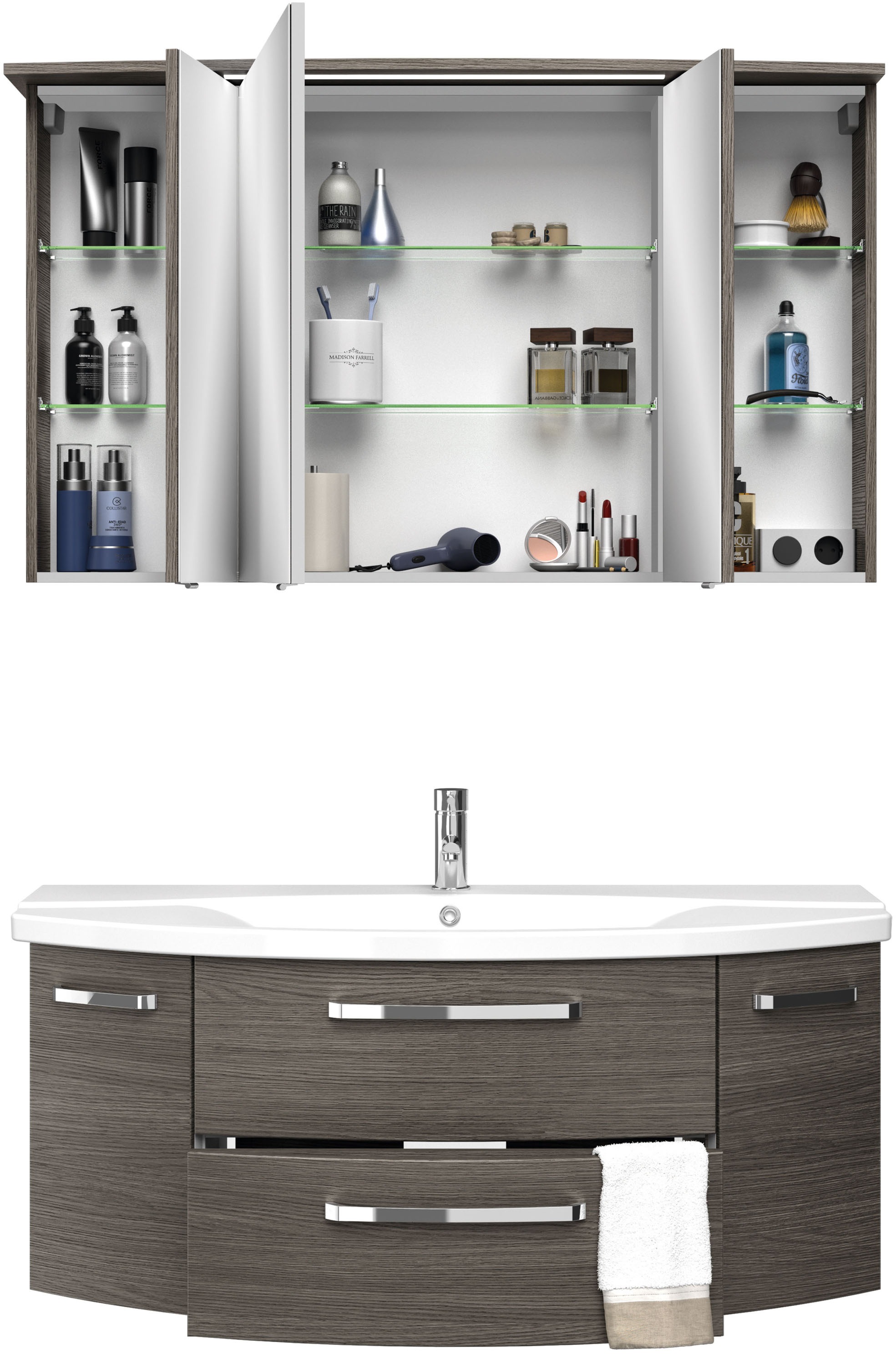 Saphir Badmöbel-Set »Serie 4010 2-teilig Keramik-Waschtisch mit LED-Spiegelschrank«, (Set), Badezimmer Set 122 cm breit, inkl. Türdämpfer, 5 Türen, 2 Schubladen