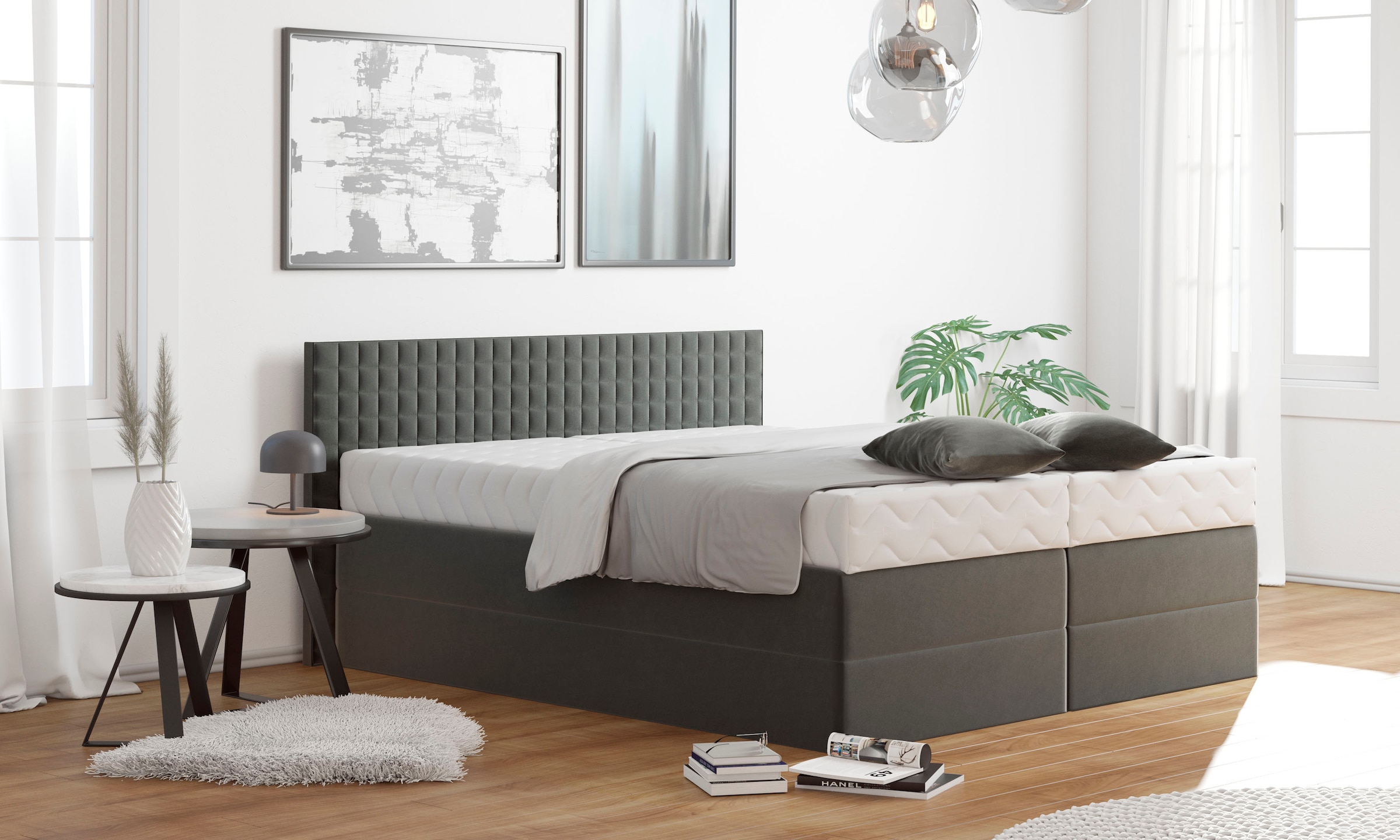 Boxspringbett, grau (anthrazit), B:195cm L:210cm, Bezug: 100% Polyester;Polsterwatte: 100% Polyester, WESTFALIA SCHLAFKOMFORT, Komplettbetten, Boxspringbett, mit Zierkissen, wahlweise mit Topper