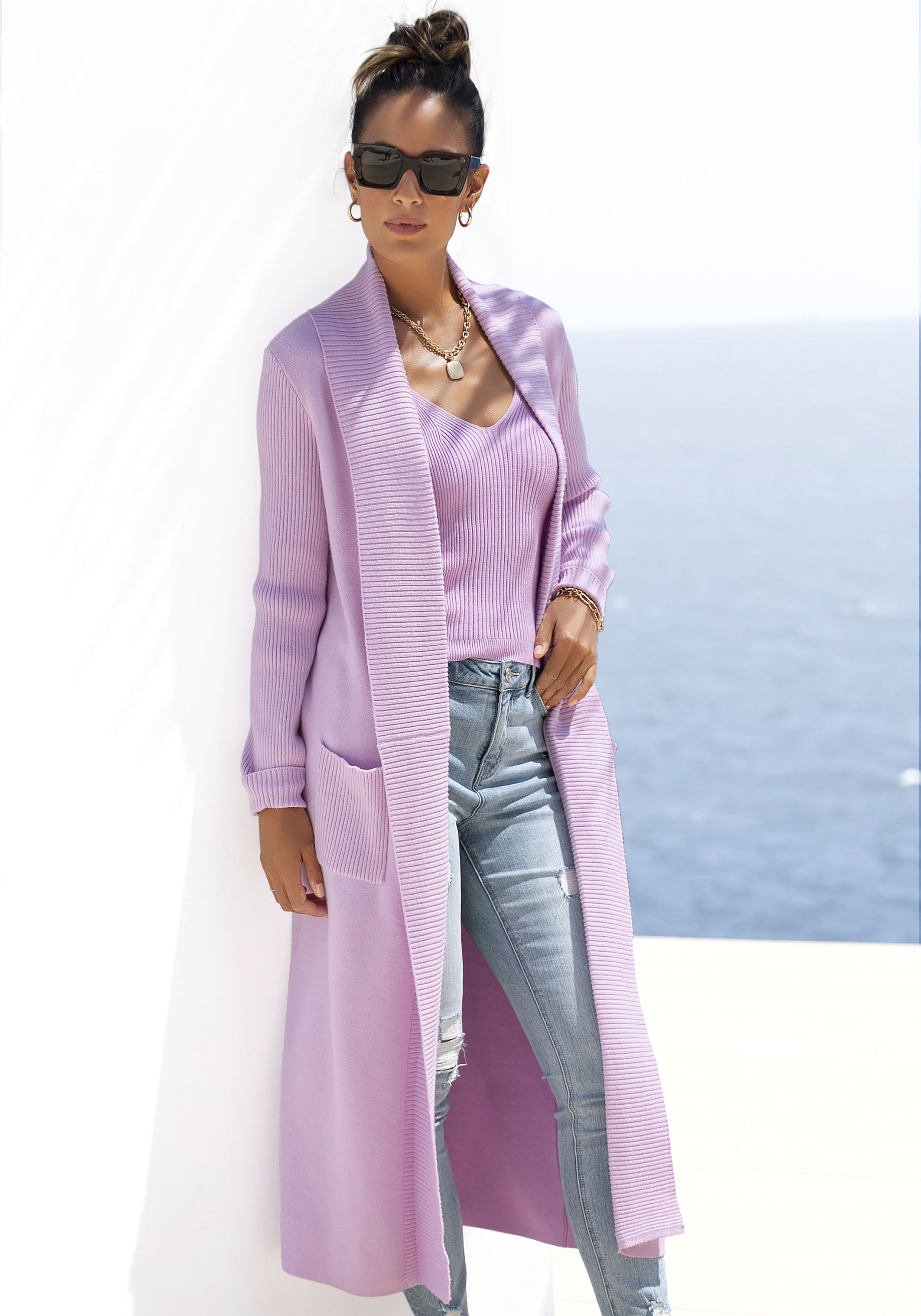Longstrickjacke, mit Rippstrickdetails