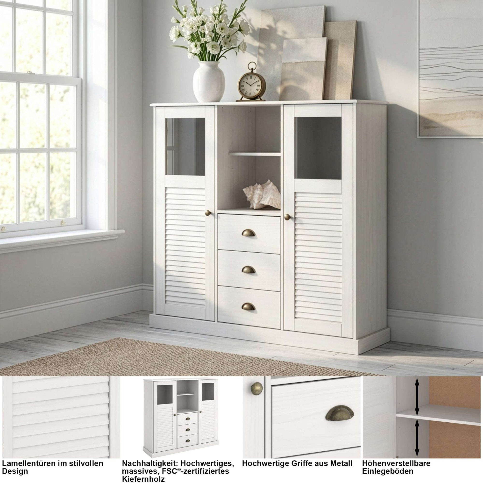 OTTO home Highboard »Turia, mit Glas- und Lamellentüren« Vitrine/Midischrank/Kommode, aus massivem Kiefernholz, FSC®, B: 127 cm