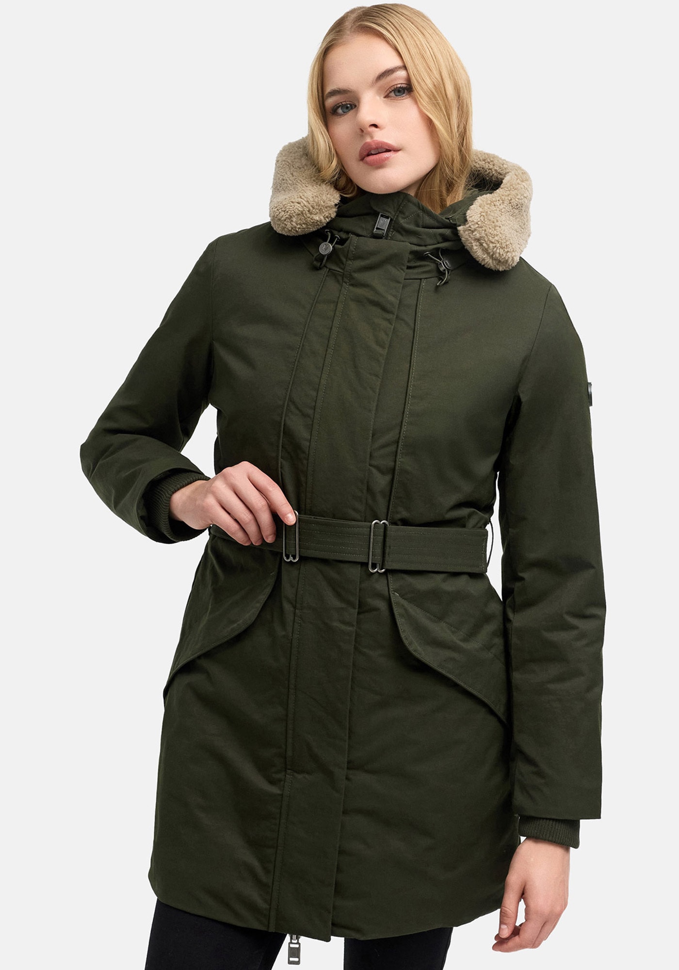 Marikoo "Calistaa" mit Kapuze Warmer Damen Wintermantel mit Taillengürtel und hohem Kragen
