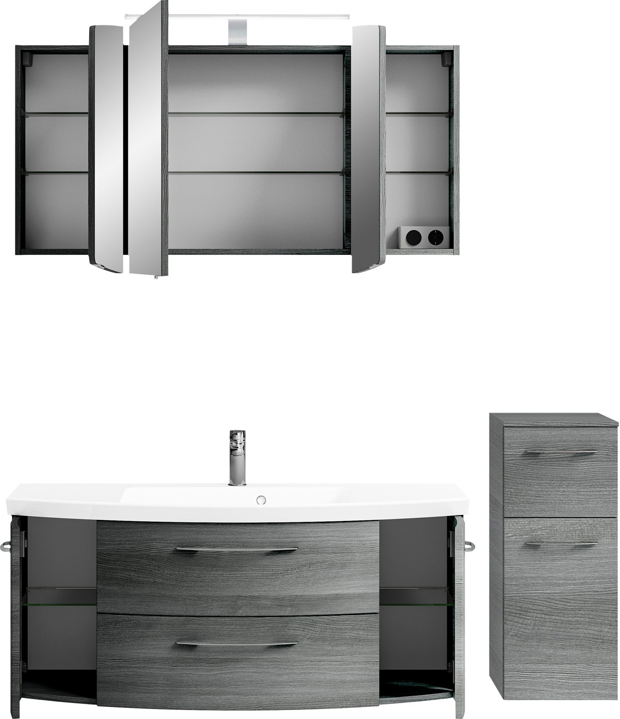 Saphir Badmöbel-Set »Cassca Sprint 3-teilig Mineralmarmor-Waschtisch mit LED-Spiegelschrank«, (4 St.), Unterschrank, inkl. Türdämpfer, 6 Türen, 3 Schubladen