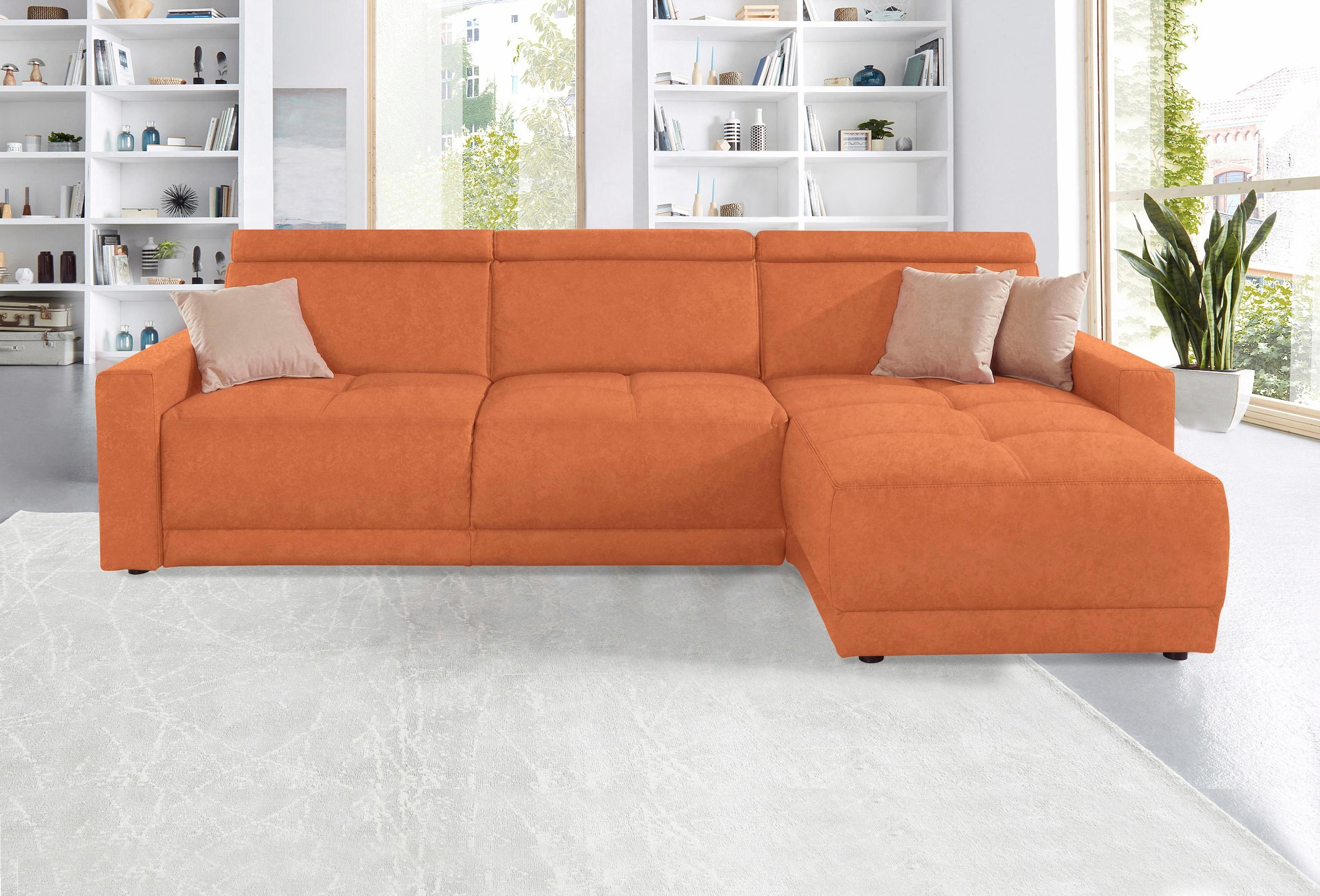 DOMO collection Ecksofa »Ava mit moderner Sitzheftung & toller Doppelnaht, komfortabel, L-Form« mit Recamiere, inkl. Federkern, wahlweise mit Kopfteilverstellungen