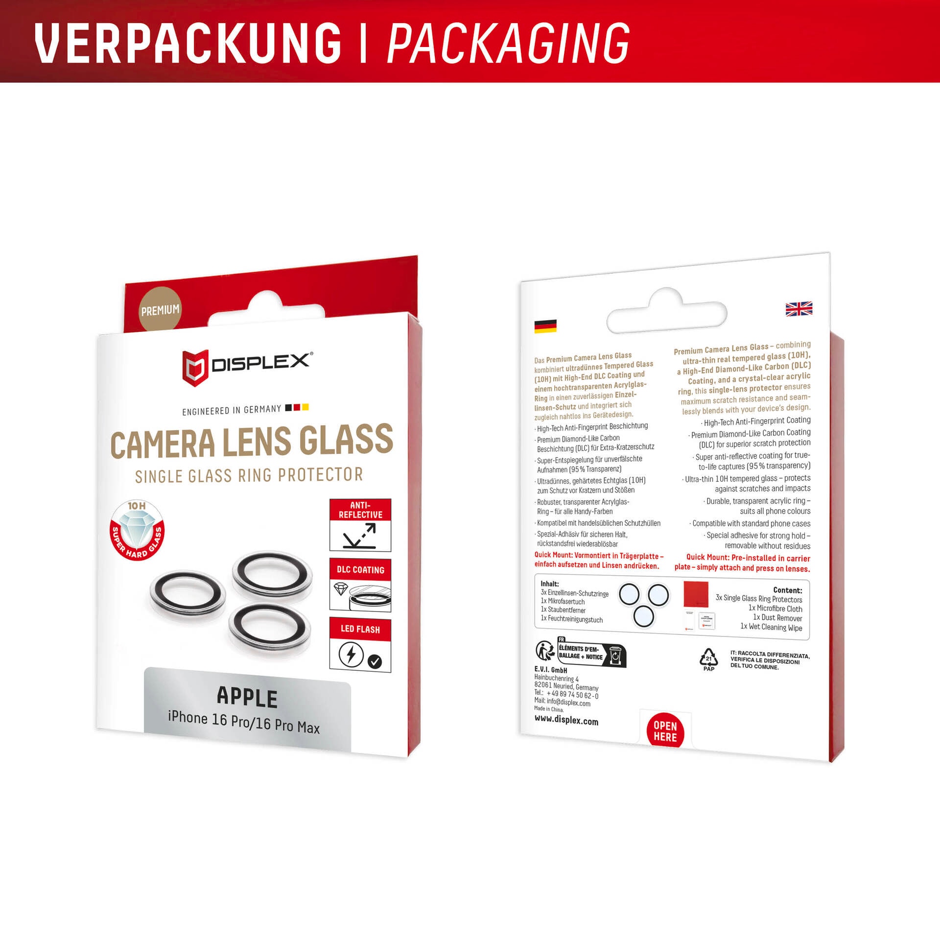 Displex Kameraschutzglas »Camera Lens Glass Single Glass Ring Protector«, für Apple iPhone 16 Pro-Apple iPhone 16 Pro Max, (Packung, 2x Einzellinsen-Schutzringe), Objektivschutz, Kameraschutz, kratz- & stoßfest