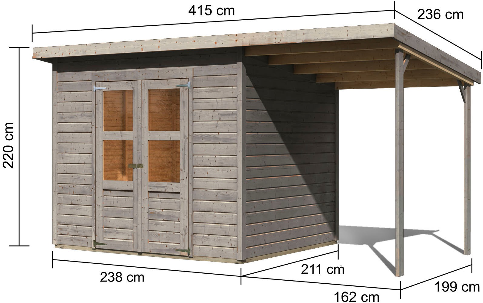 Karibu Gartenhaus »»Merseburg 5« vorvergraut mit Anbaudach«, (Set), aus Fichtenholz, farbig lasiert