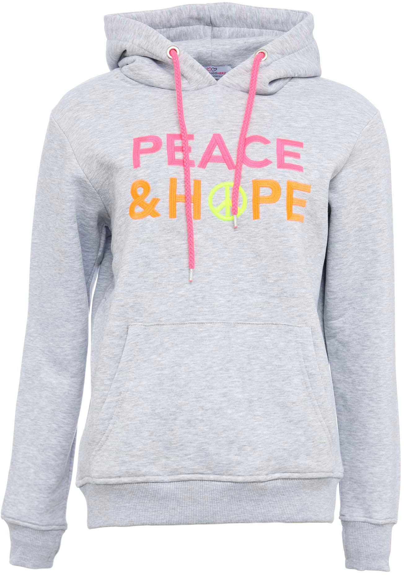 Zwillingsherz Kapuzensweatshirt, mit "Peace & Hope"-Stickerei in Neonfarben und pinker Kordel