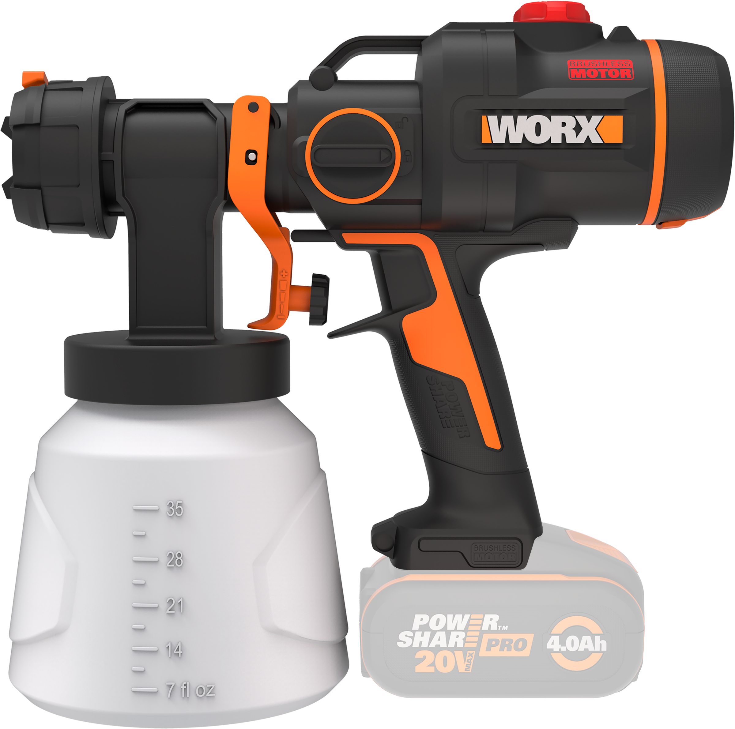 Worx Farbsprühgerät "WX020.9 NITRO", bürstenloser Motor, 3 Sprühform & 4 Düsengrößen, ohne Akku & Ladegerät