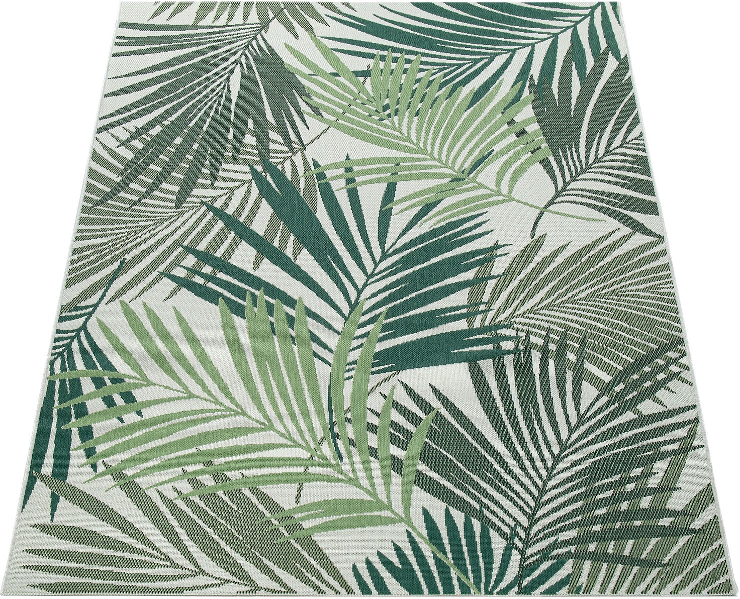 Paco Home Teppich »Ostende 534«, rechteckig, 4 mm Höhe, Flachgewebe, Motiv Palmenblätter, In- und Outdoor geeignet, Wohnzimmer