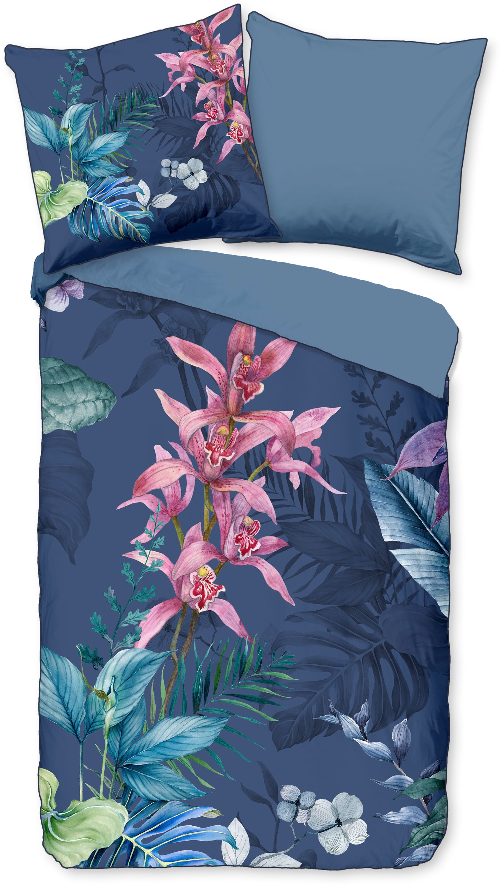 Descanso Wendebettwäsche »Maee« 2 Stk. tlg. Satin, Reißverschluss, Paspel, Biese, Wendeoptik, Luxe, Blume, Blau