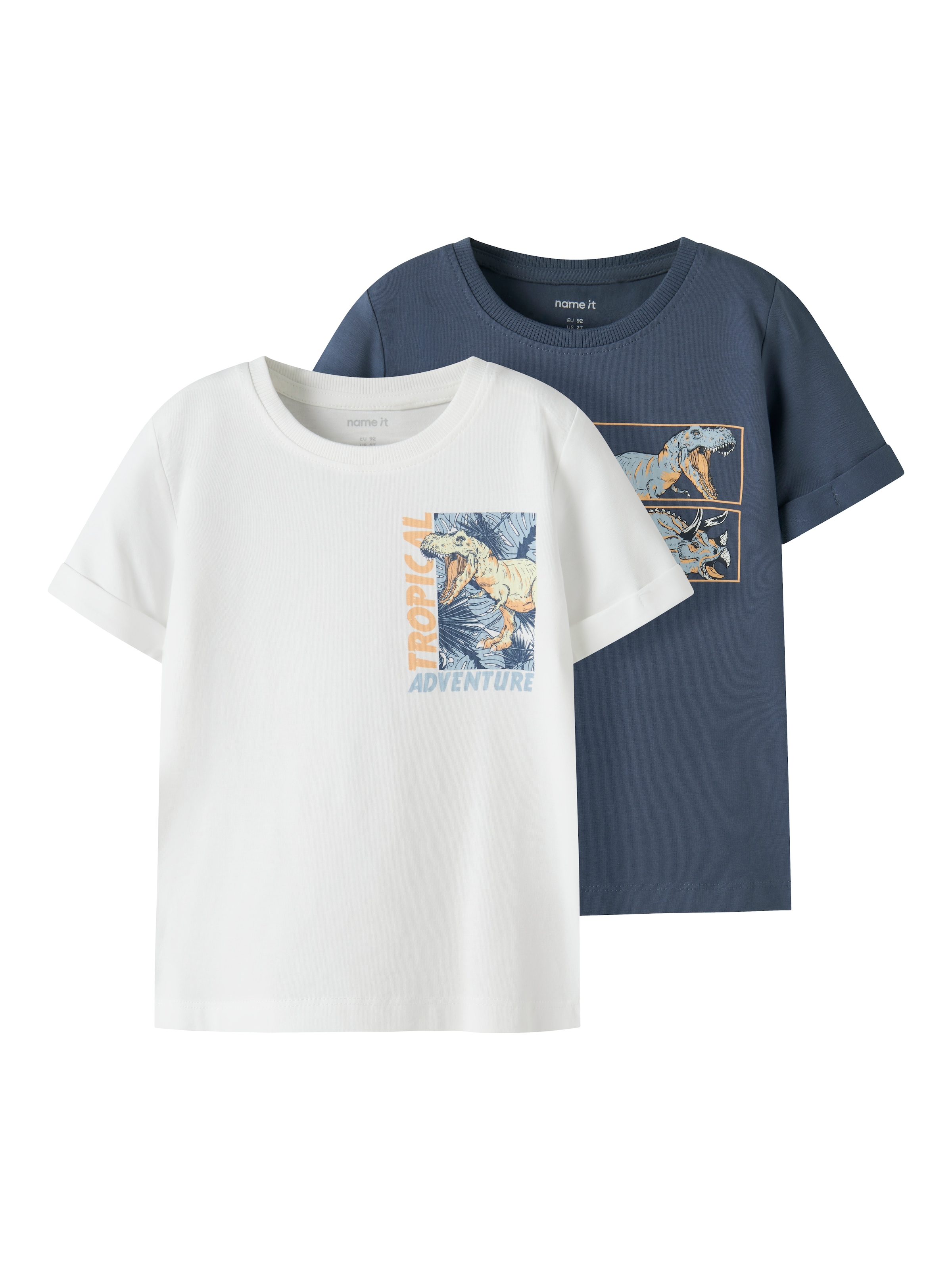 T-Shirt NAME IT "NMMVUX 2P SS TOP", Jungen, Gr. 98, vintage indigo pack:hellweiß, Jersey, Obermaterial: 95% Baumwolle, 5% Elasthan, bedruckt, normal normal, Rundhals, Shirts T-Shirt, Baumwollmischung, normal geschnitten