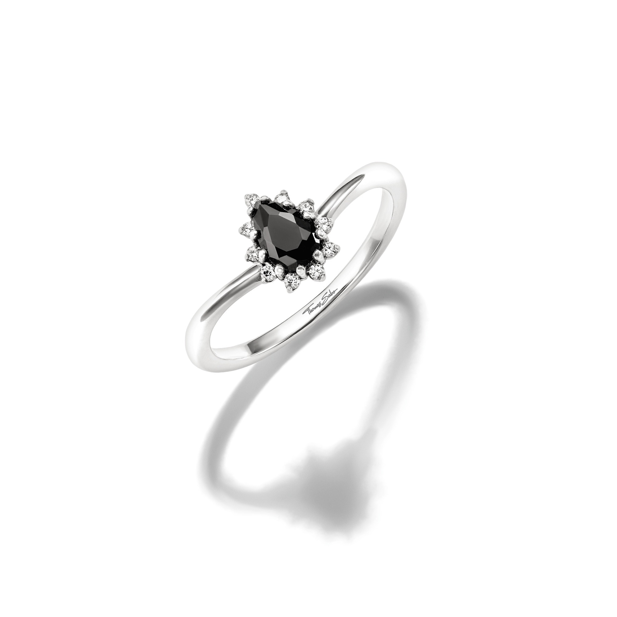 Fingerring THOMAS SABO "True Romance Ring mit Schwarzen Tropfen" Gr. 52, silberfarben, schwarz, kristallweiß, Fingerringe, Damen, 52, Silber 925 (recycelt), 1,6mm, Fingerring, mit Zirkonia (synth.)