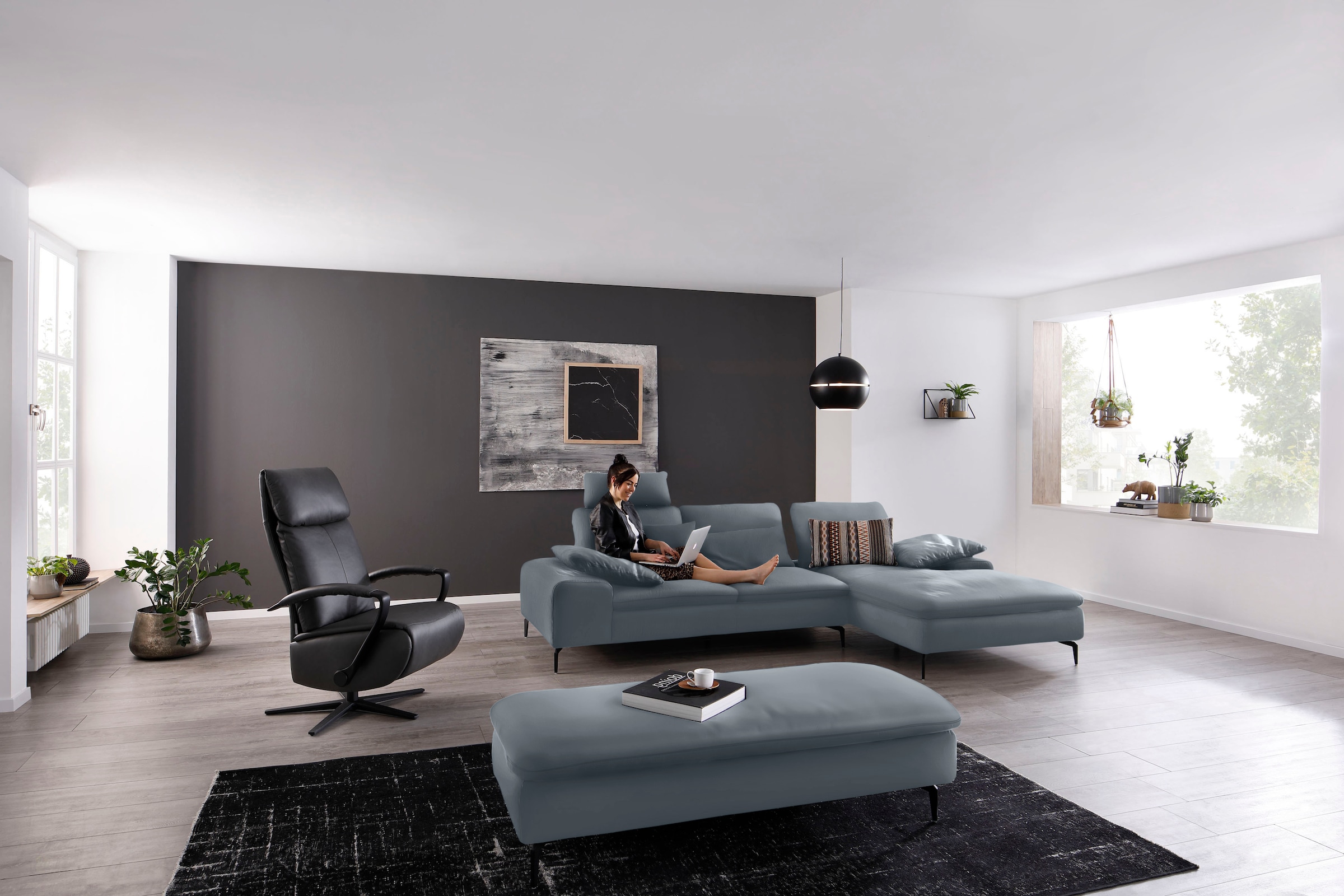 W.SCHILLIG Ecksofa "valentinoo, Designsofa, bequem, elegant und zeitlos, L-Form" inklusive Hocker, mit Sitztiefenverstellung, Breite 299 cm