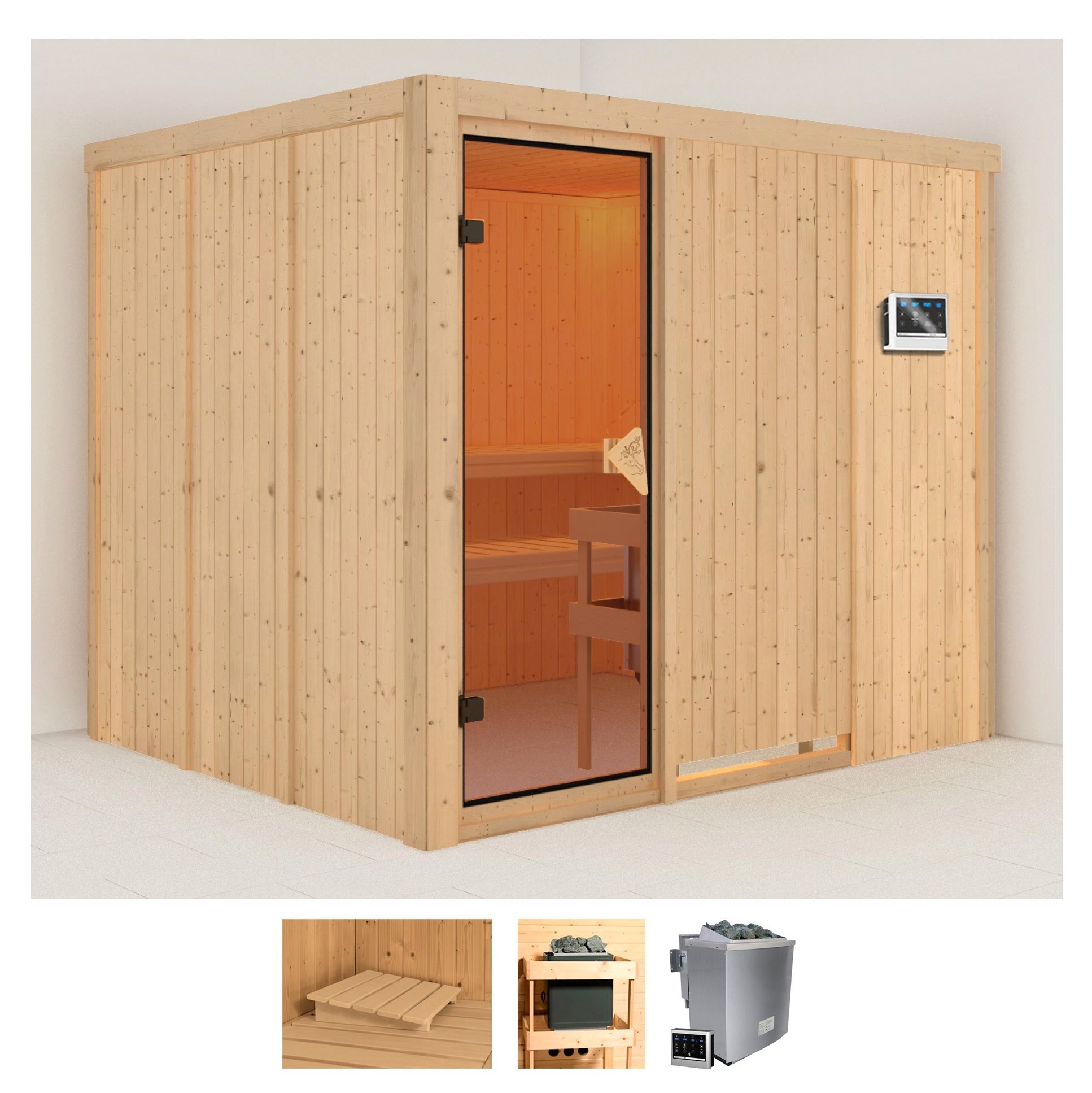 KARIBU Sauna "Gitte", Bio-Kombiofen, externe Steuerung, 9 kW, beige, Saunen, Ofen 9 kW Bio externe Strg easy