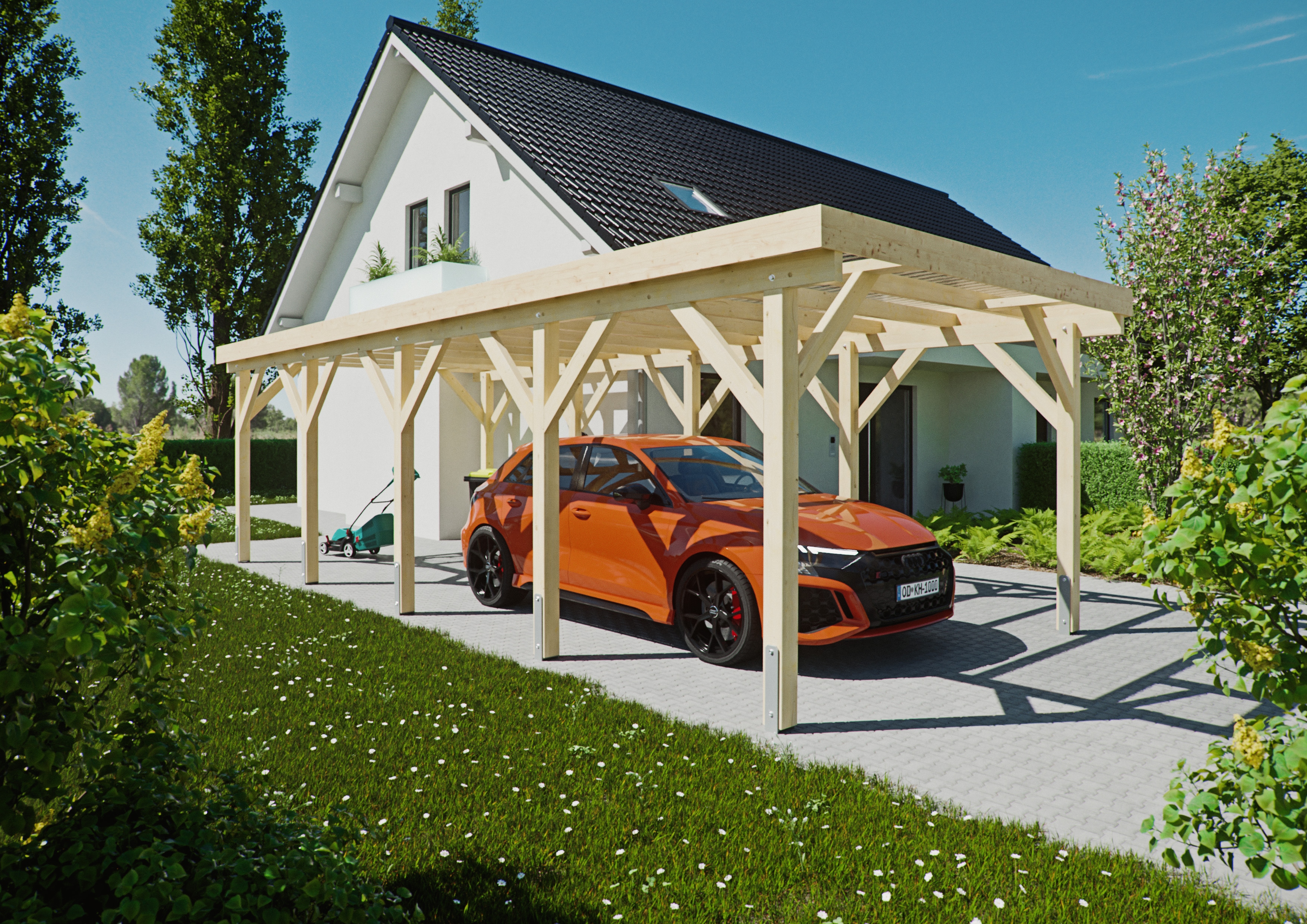 KONIFERA Einzelcarport "Saturn III" Leimholz 297 cm unbehandelt Bausatz, Leimholz naturbelassen, PET-Flachdach lichtdurchlässig
