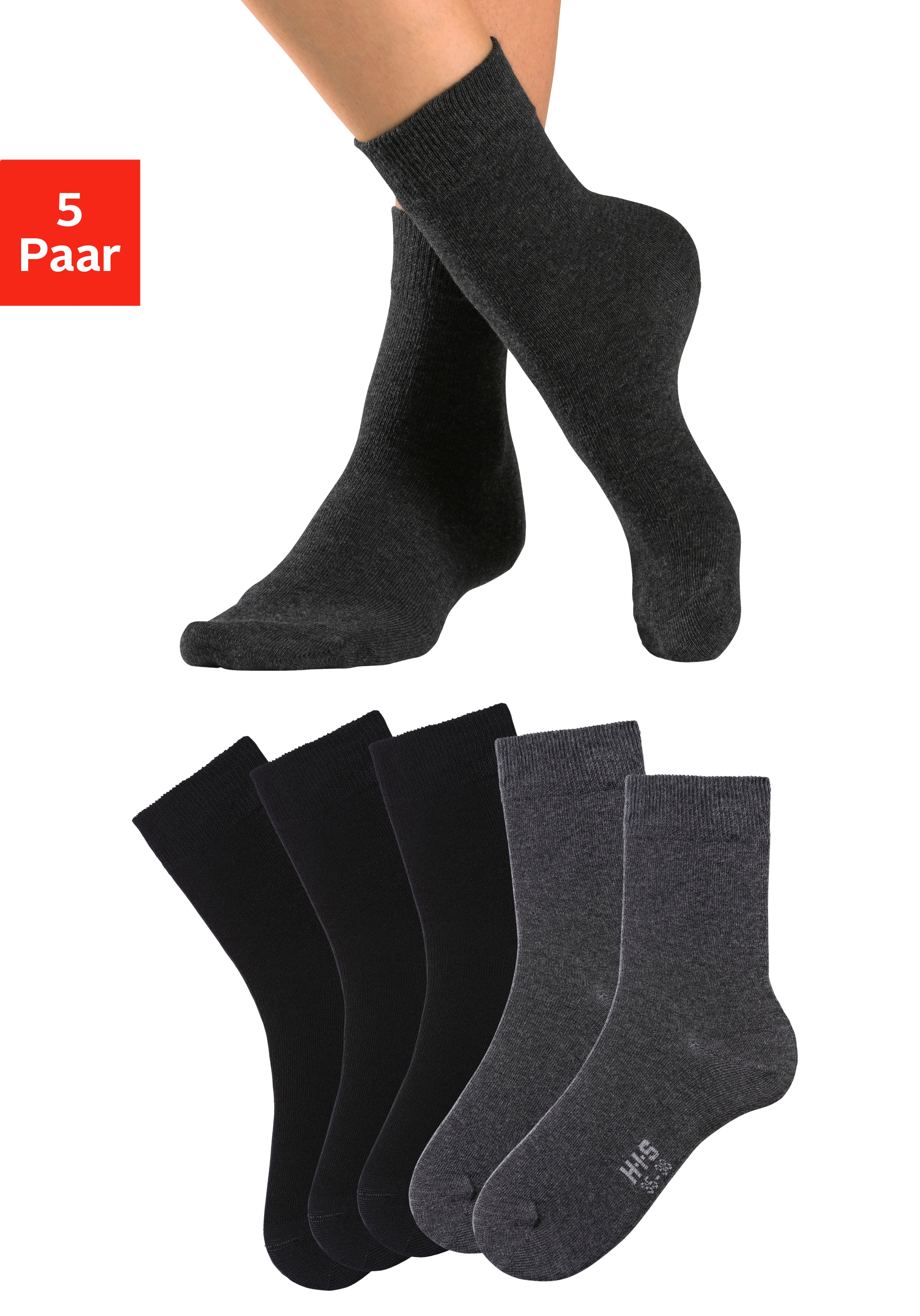 H.I.S Basicsocken "Damen Herren Uni Socken, Alltagssocken" Packung, 5 Stk. tlg. mit besonders weichem Bündchen