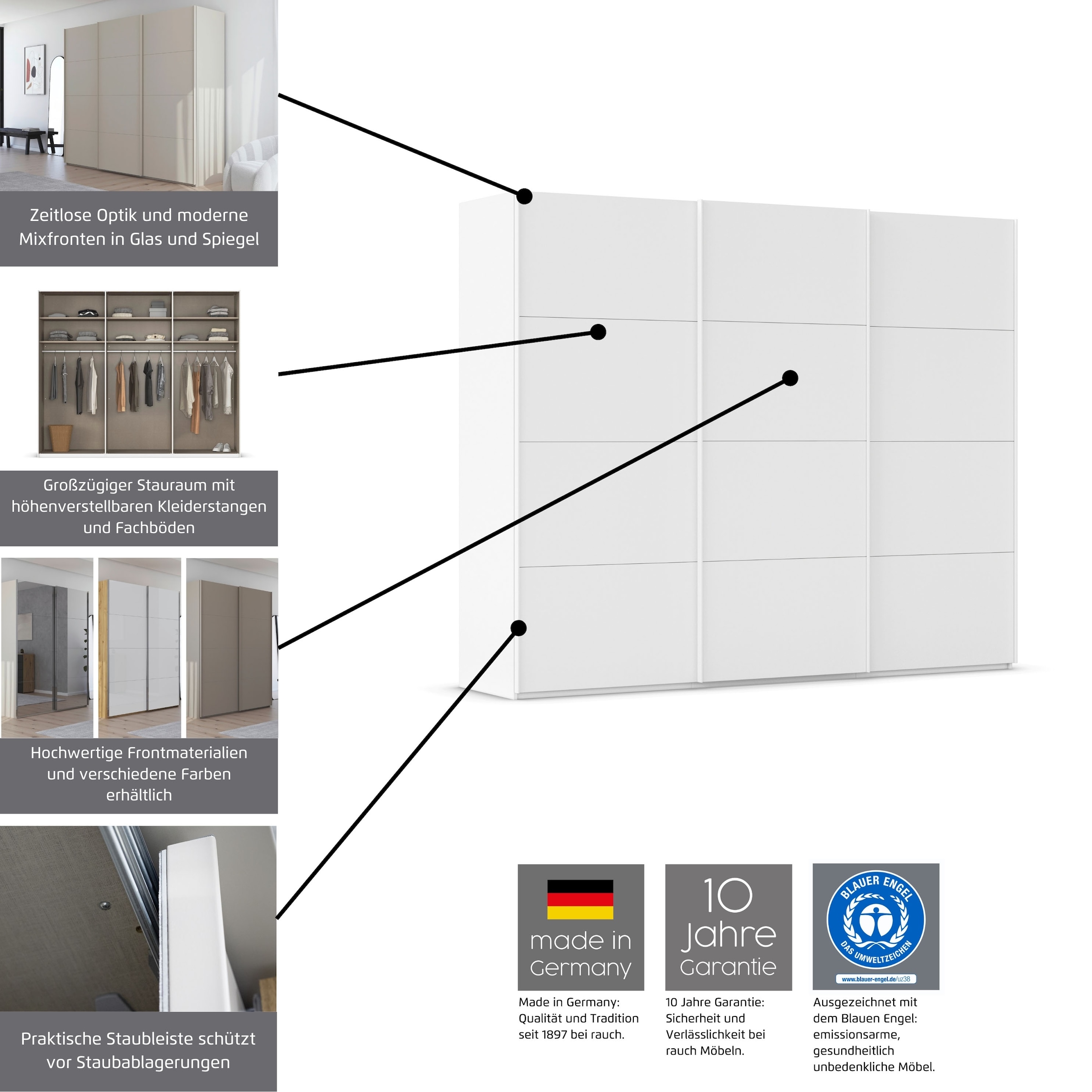 rauch Schwebetürenschrank »Kleiderschrank Schrank Garderobe Schlafzimmerschrank SCALE-FYRA«, edle viergeteilte Türen viele Farben und Griff-Farben MADE IN GERMANY