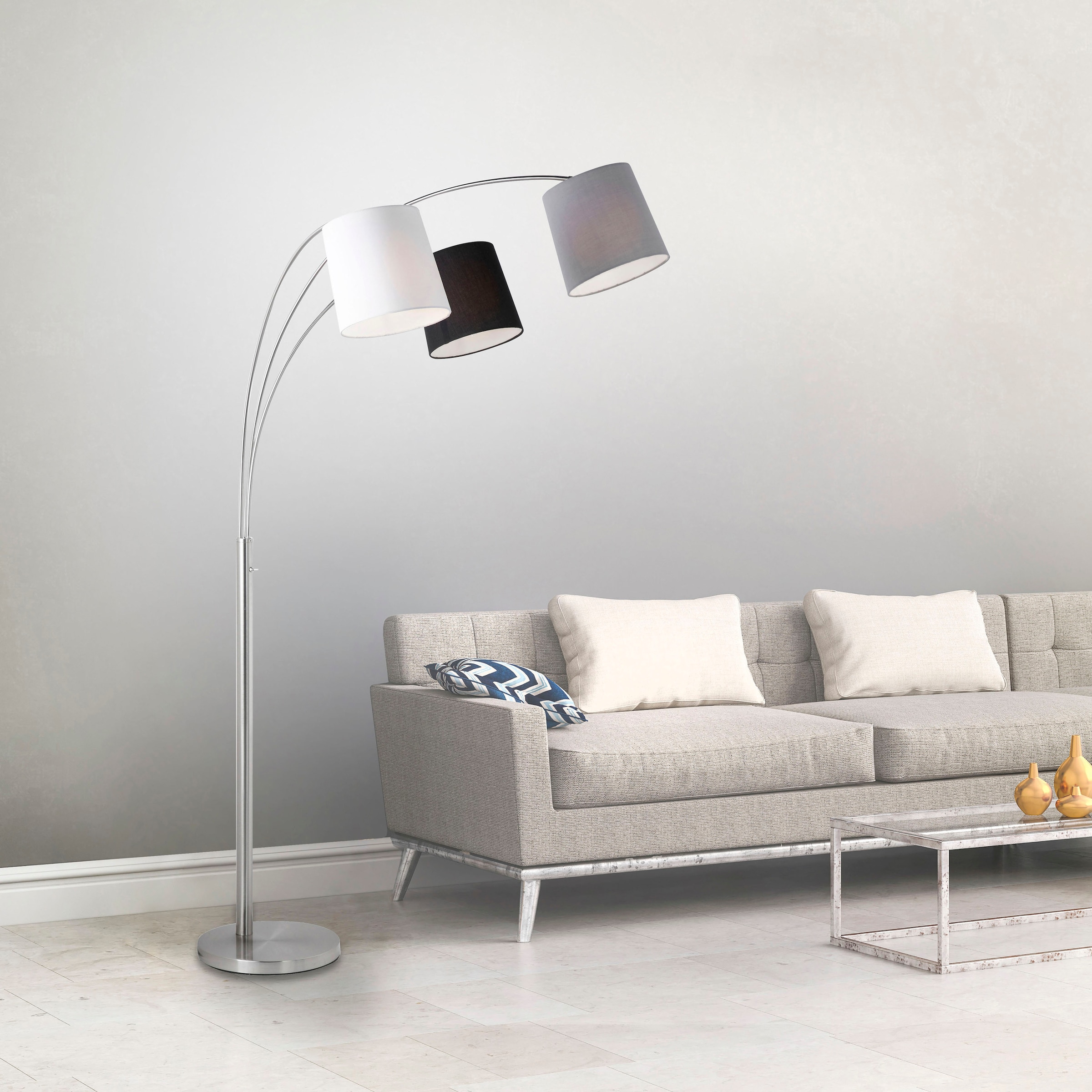 JUST LIGHT Stehlampe "MELVIN", silber (silberfarben), 3, Ø 19cm H: 190cm, 1 Stk., Leuchten, weiß, grau, schwarz, Kippschalter an der Stehleuchte, Metall u. Stoff, Stehlampe