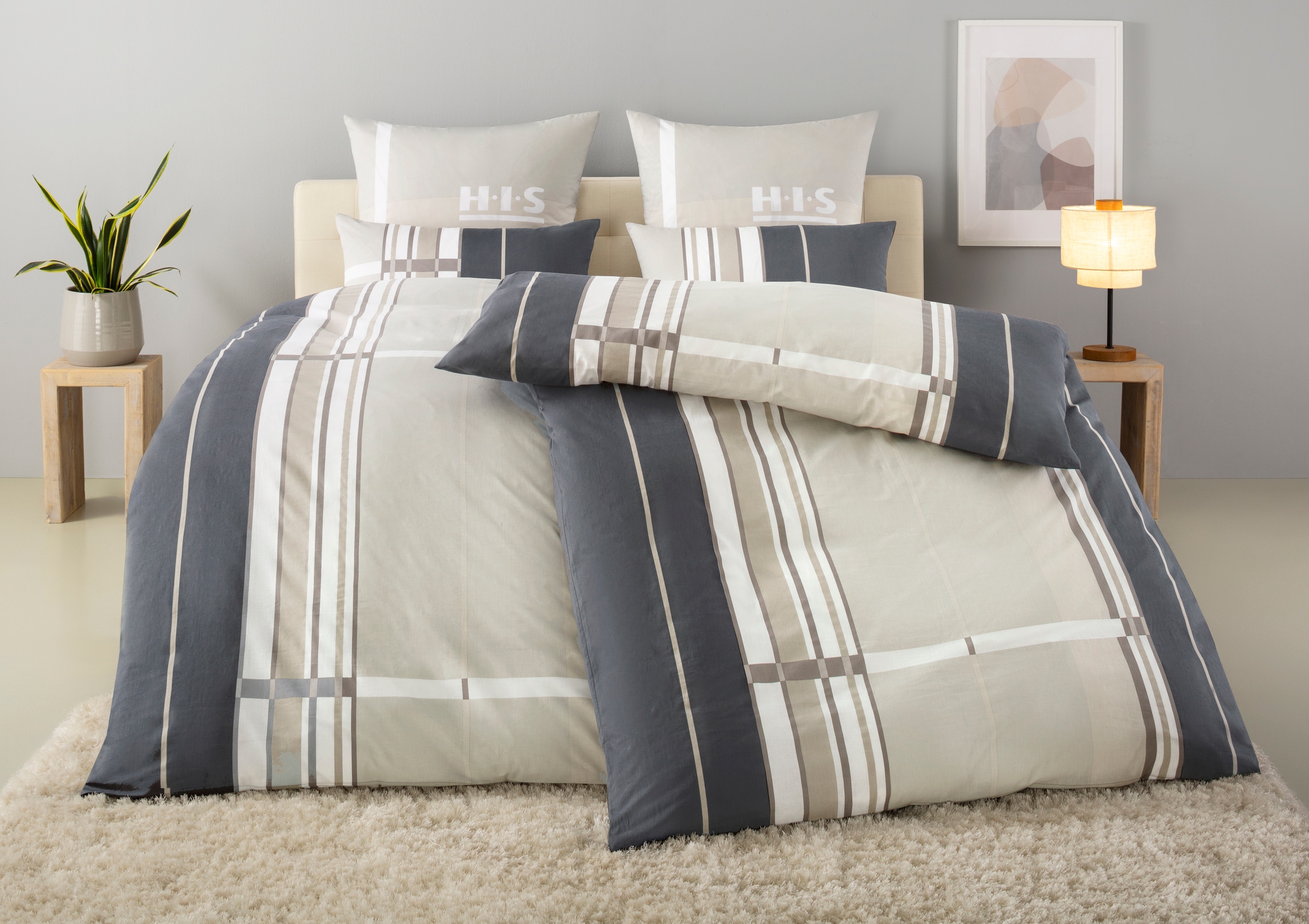 Bettwäsche H.I.S, grau, Linon, Obermaterial: 100% Baumwolle, Bettwäsche, "Golfi in Gr. 135x200 oder 155x220 cm", Bettwäsche aus Baumwolle, sportliche