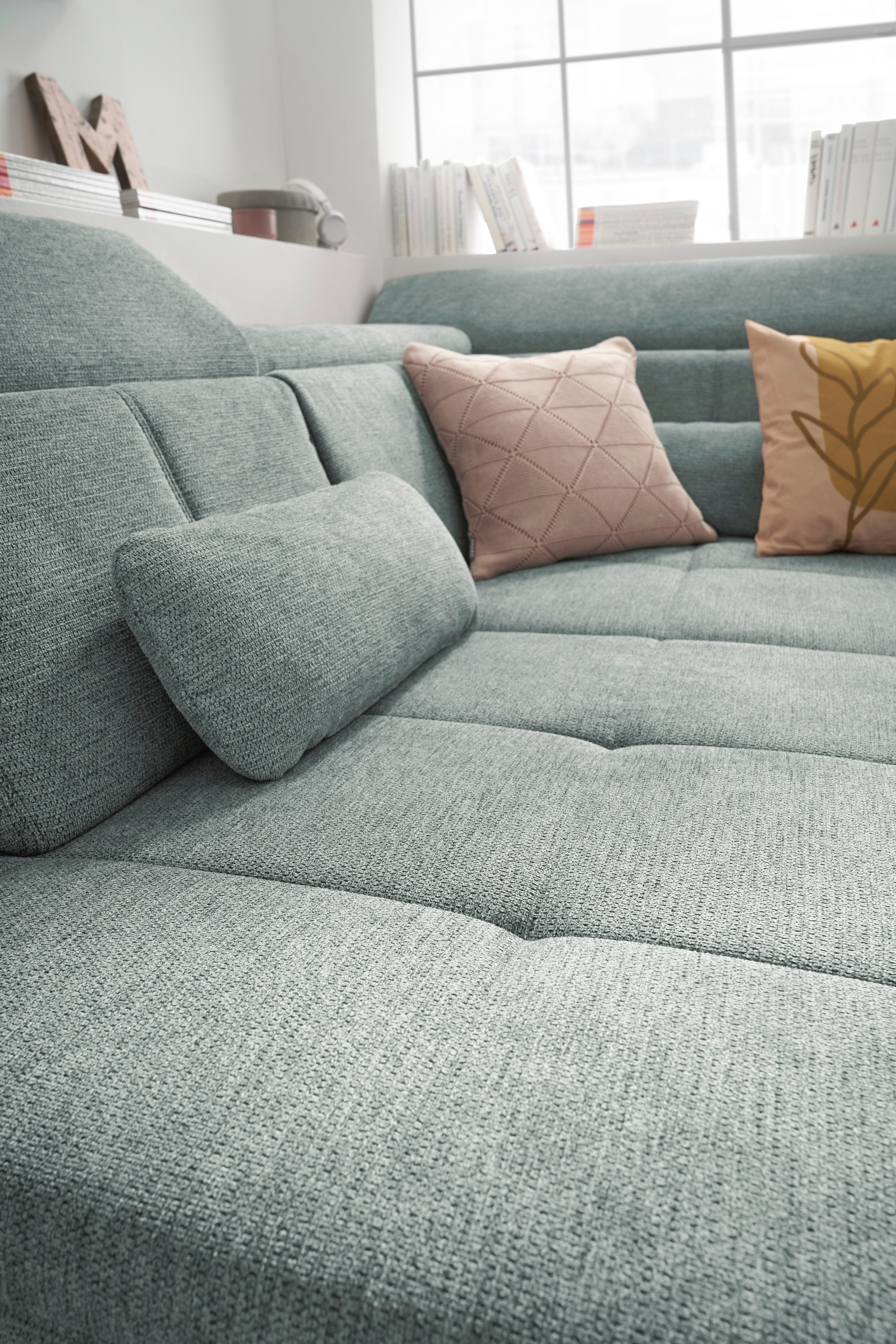 set one by Musterring Ecksofa »SO 3400 Sitzhöhe 47cm oder 49cm, Sitztiefe verstellbar, B/T 317/220 cm«, Kaltschaumpolsterung, Flachgewebe, whlw. mit Funktionen, Sitzhöhe 47