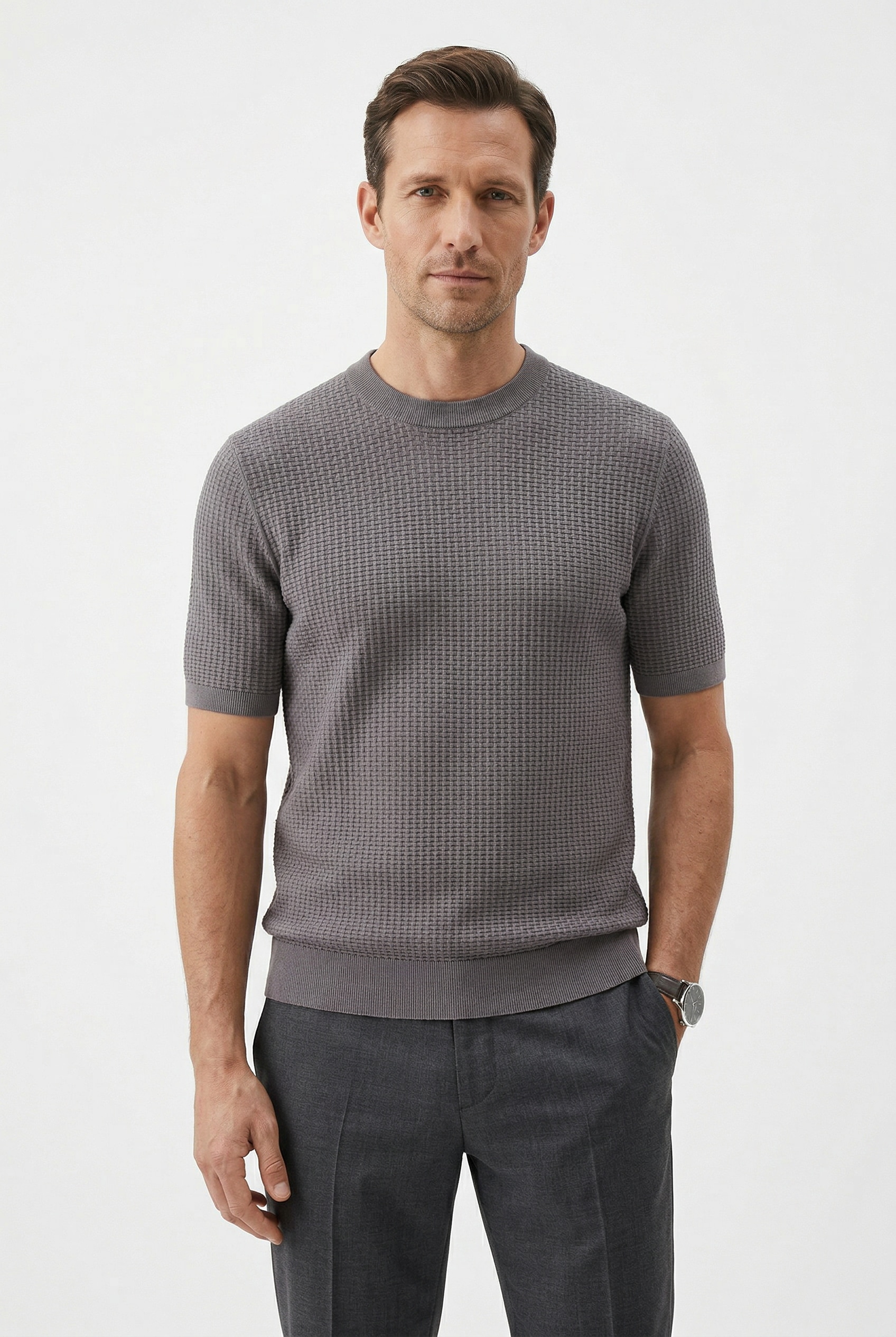 BOSS Kurzarmpullover "Nilton" Premium Menswear Business-Casual-Look, Strukturstrick-Material