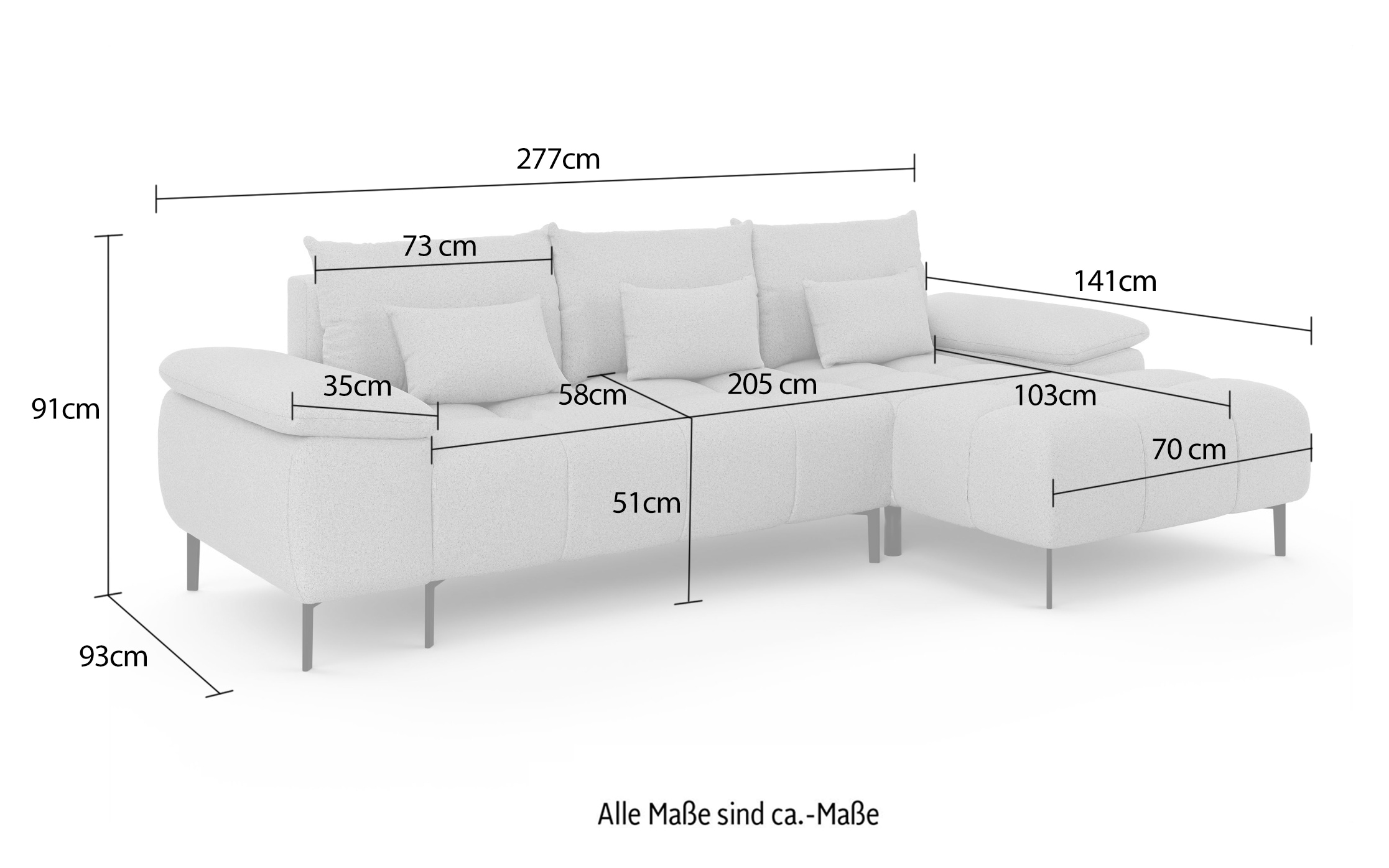 INOSIGN Ecksofa »DROMARA Schlafsofa mit Bettkasten, Maße: B/T/H 277/141/91 cm«, L-Form mit Recamiere rechts/links bestellbar, Wellenunterfederung
