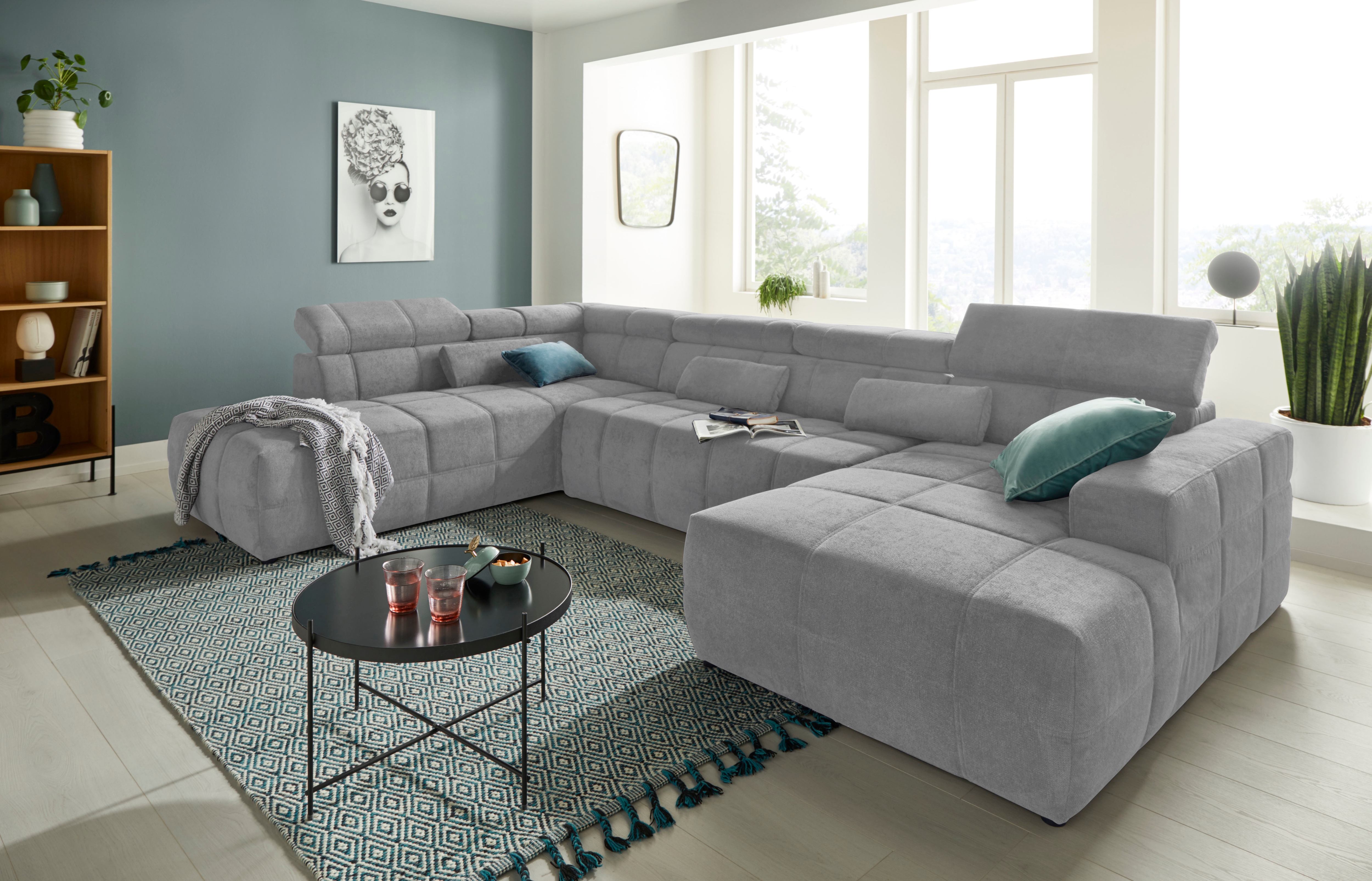 DOMO collection Wohnlandschaft "BRANDON whlw. mit Sitztiefenverstellung, whlw. Nierenkissen" mit Kopfteilverstellung, wahlweise Sitztiefenverstellung, U-Form