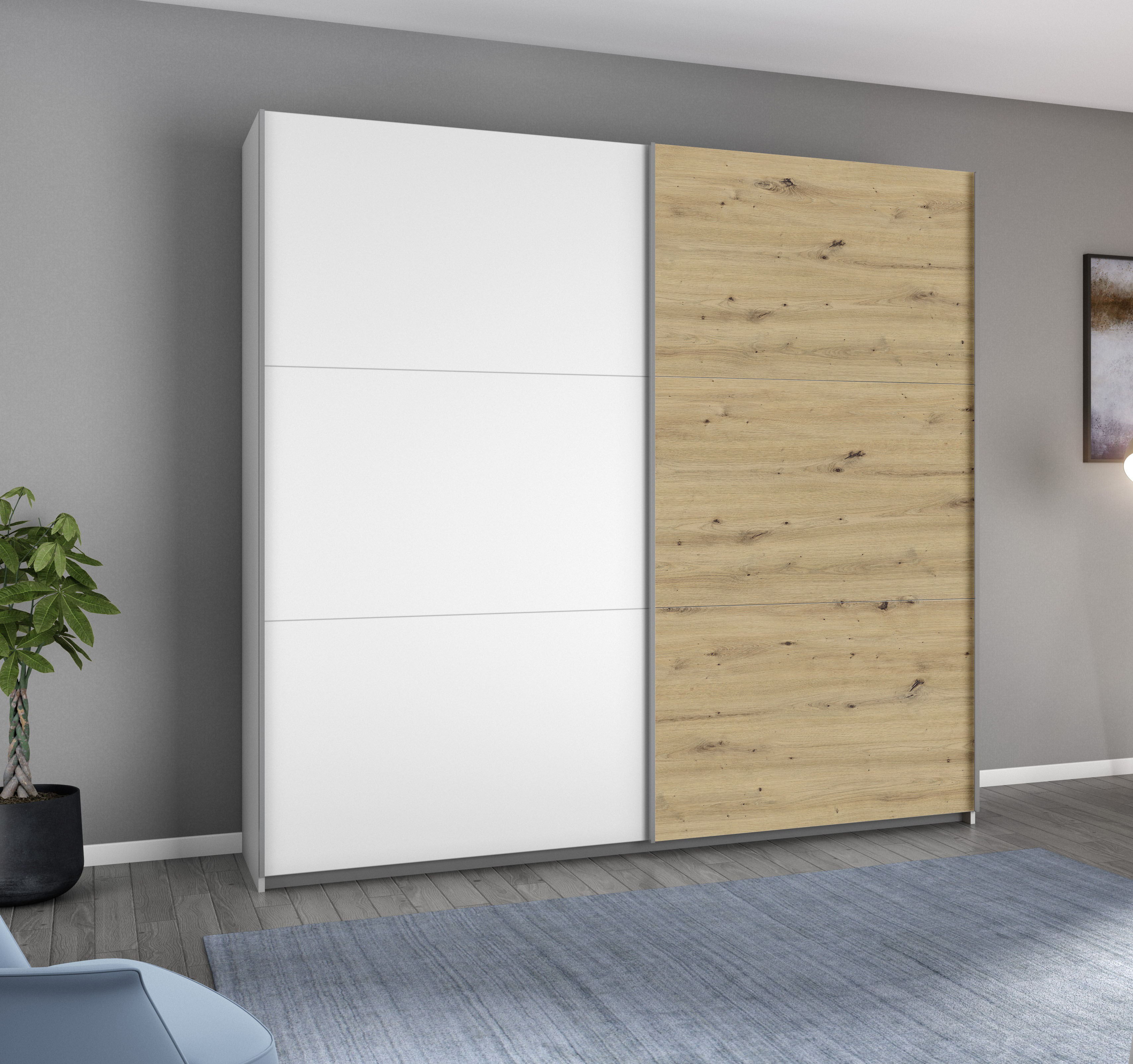 rauch Schwebetürenschrank "AURELIO Kleiderschrank Garderobe" 3 Ausstattungen BASIC/CLASSIC/PREMIUM (inkl. SOFT-CLOSE-FUNKTION), 3 verschiedene Ausstattungsvarianten Griffe aus Metall MADE IN GERMANY