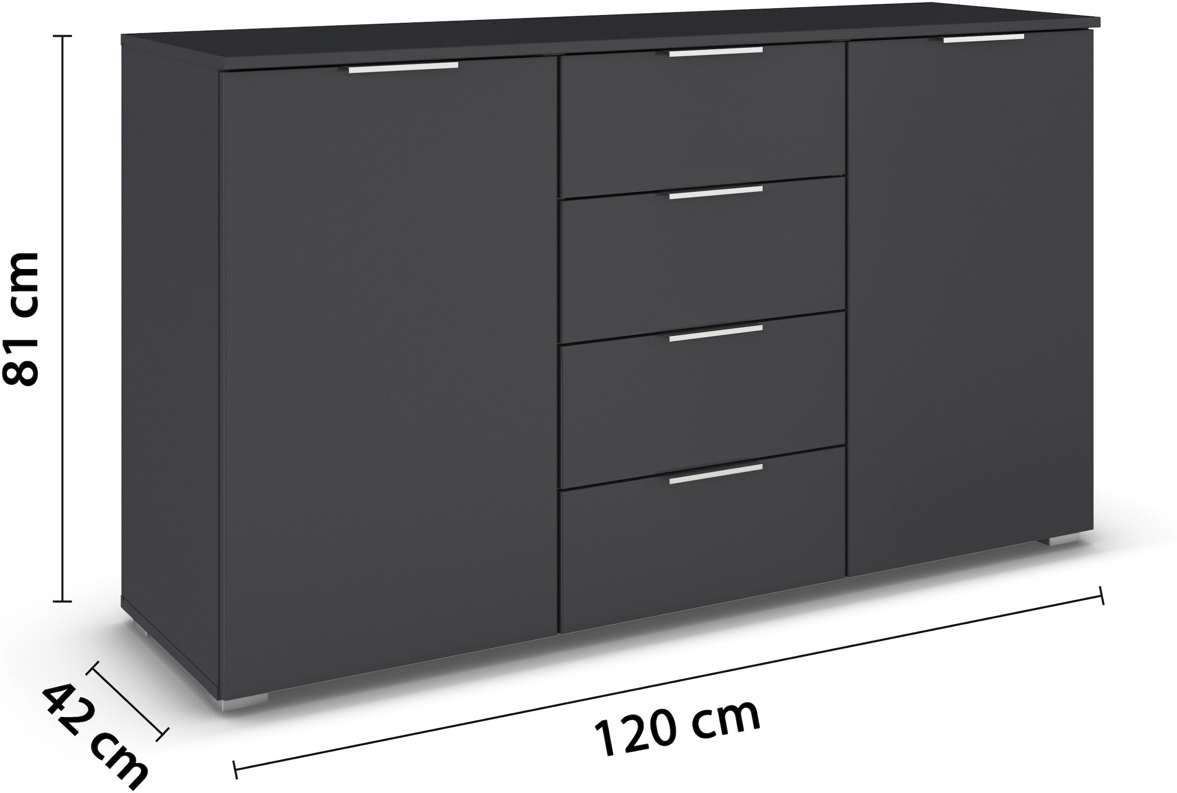 rauch Kombikommode »Sideboard Schubladenkommode AGORDO mit Dekor- oder Hochglanzfront«, (in zwei Griff-Farben, Breite 120 cm inkl. Soft-Close-Funktion), vier große Schubladen, mit insgesamt 4 Einlegeböden MADE IN GERMANY