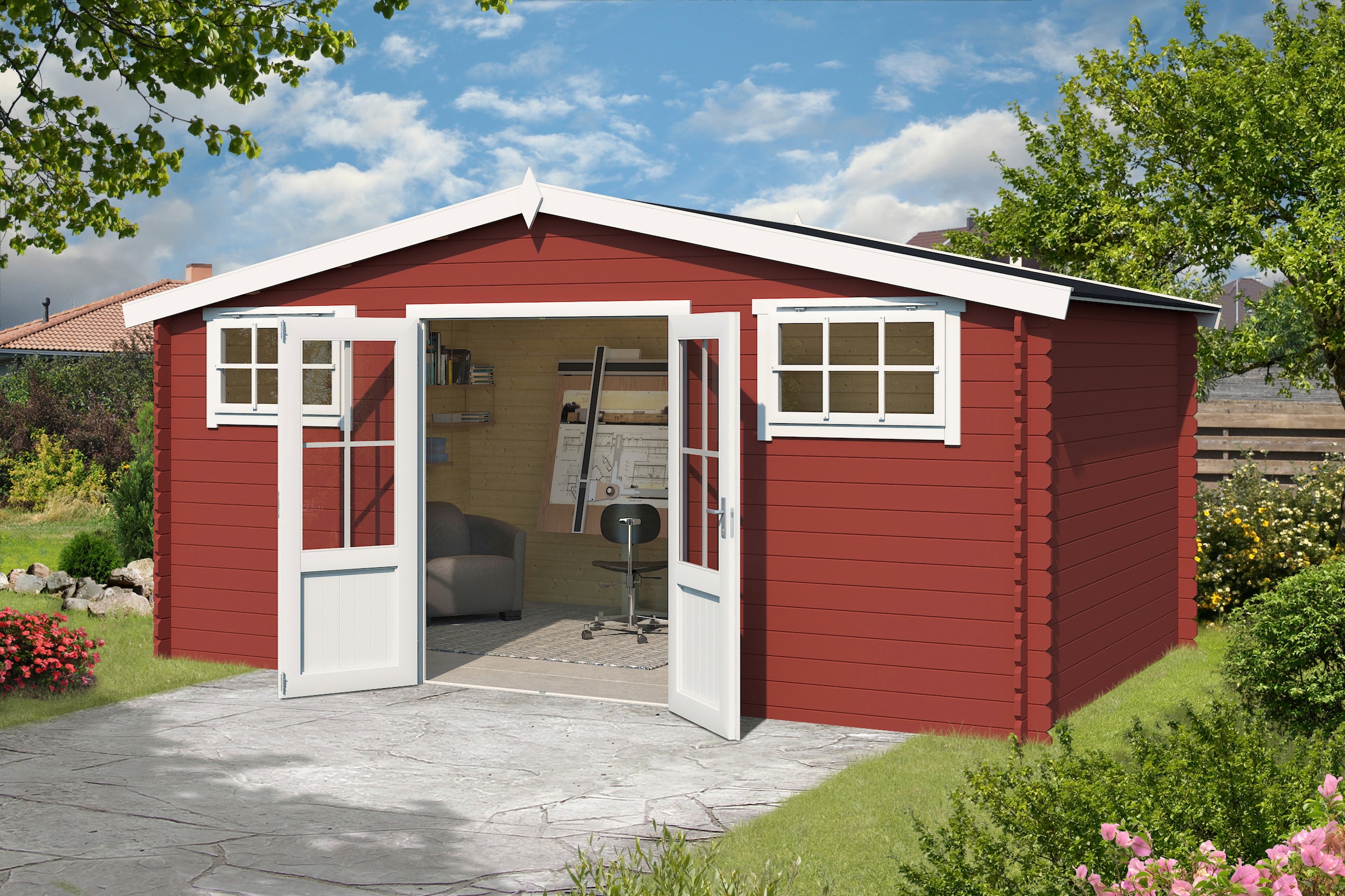 LASITA MAJA Gartenhaus »Washington«, Blochbohlenhaus 28mm, Fundamentmass 4800x3760, Schwedenrot