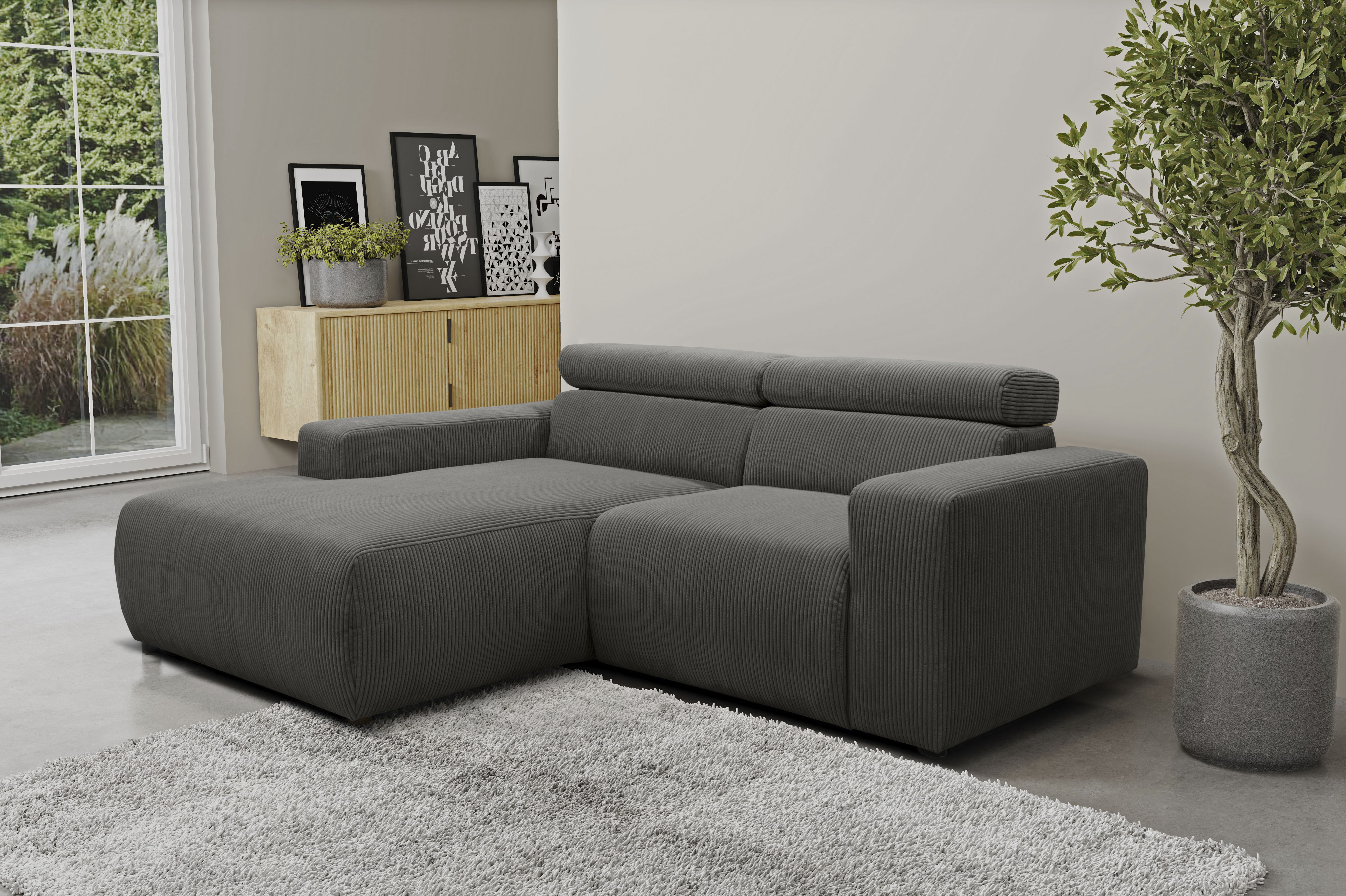 DOMO collection Ecksofa "BRANDON inkl. Kopfteilverstellung, 214x100x80 cm, L-Form" Cord, grau