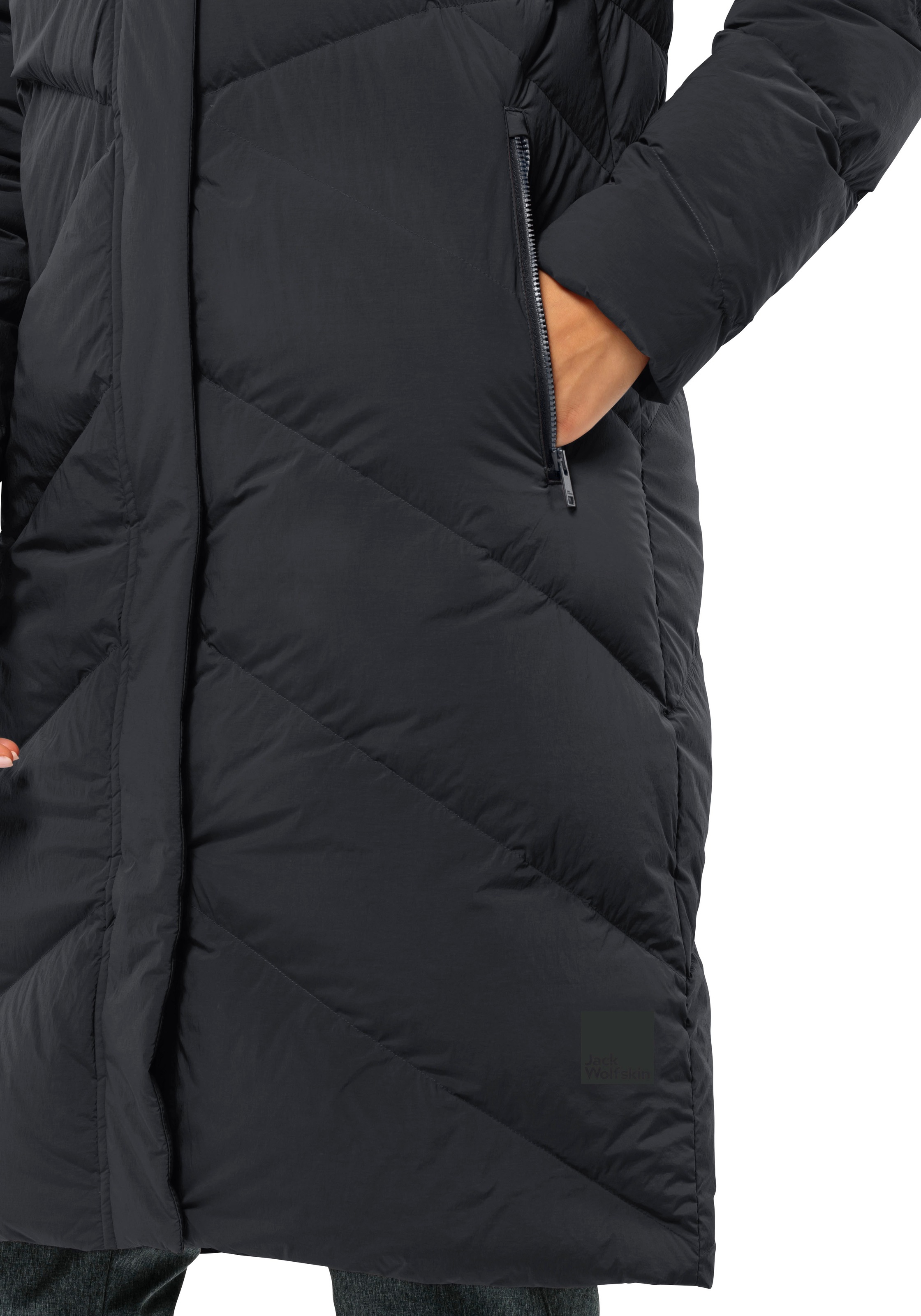Daunenmantel JACK WOLFSKIN "MARIENPLATZ COAT W", Damen, Gr. XL, grau (phantom), Obermaterial: 87% Polyamid, 13% Elasthan. Futter: 100% Polyester. Wattierung: 90% Entendaune, 10% sonstige Federn, unifarben, hoch geschlossener Ausschnitt, Mäntel Daunenmante 3