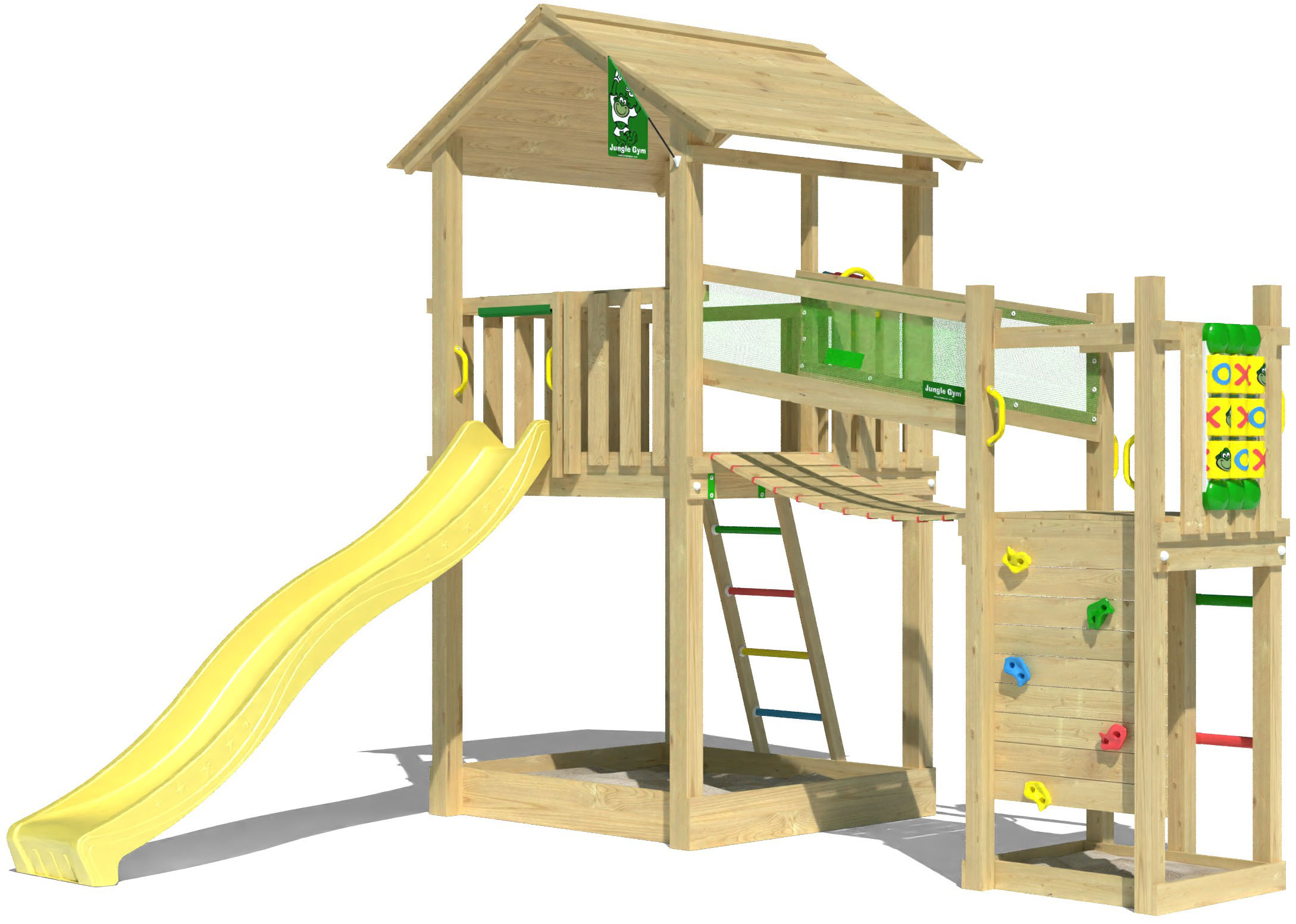 JUNGLE GYM Jungen Spielturm "Fortress", gelb, Holzwerkstoff, B:373cm H:318cm T:397cm, Spieltürme, Spielanlage mit 2 Türmen, Brücke und Rutsche mit