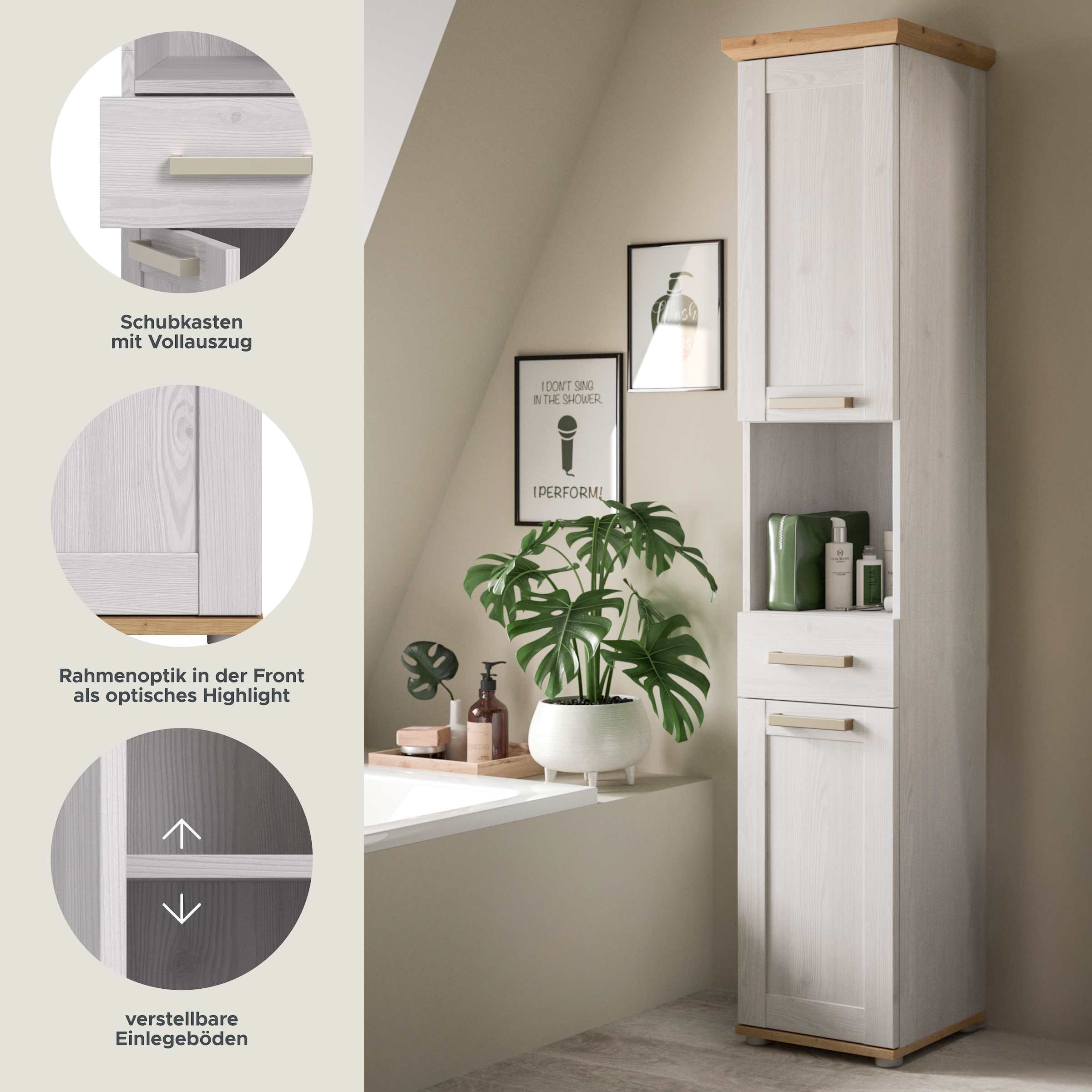 welltime Hochschrank »COSENZA, Höhe 187cm, 2 Türen, 1 Schubkasten, 1 offenes Fach« in Landhausoptik, mit weiteren Artikel der Serie kombinierbar, 1 Stk. tlg. Hochschrank, Bad, Badezimmerschrank