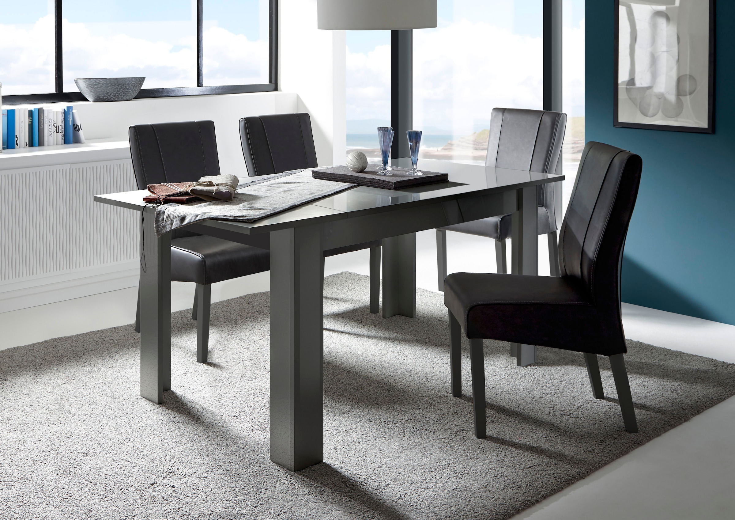 INOSIGN Esstisch »Dama 137x90x79 cm (BxTxH), Esszimmertisch Anthrazit Hochglanz Lack,«, moderner rechteckiger Küchentisch, ausziehbar, erweiterbar auf 185 cm