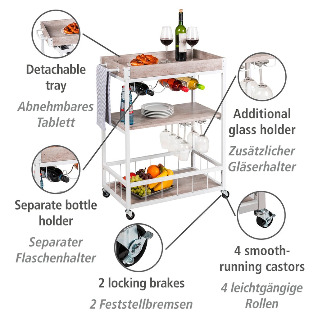 WENKO Küchenwagen »Rustico«, beton/weiß, mit Flaschenhalter