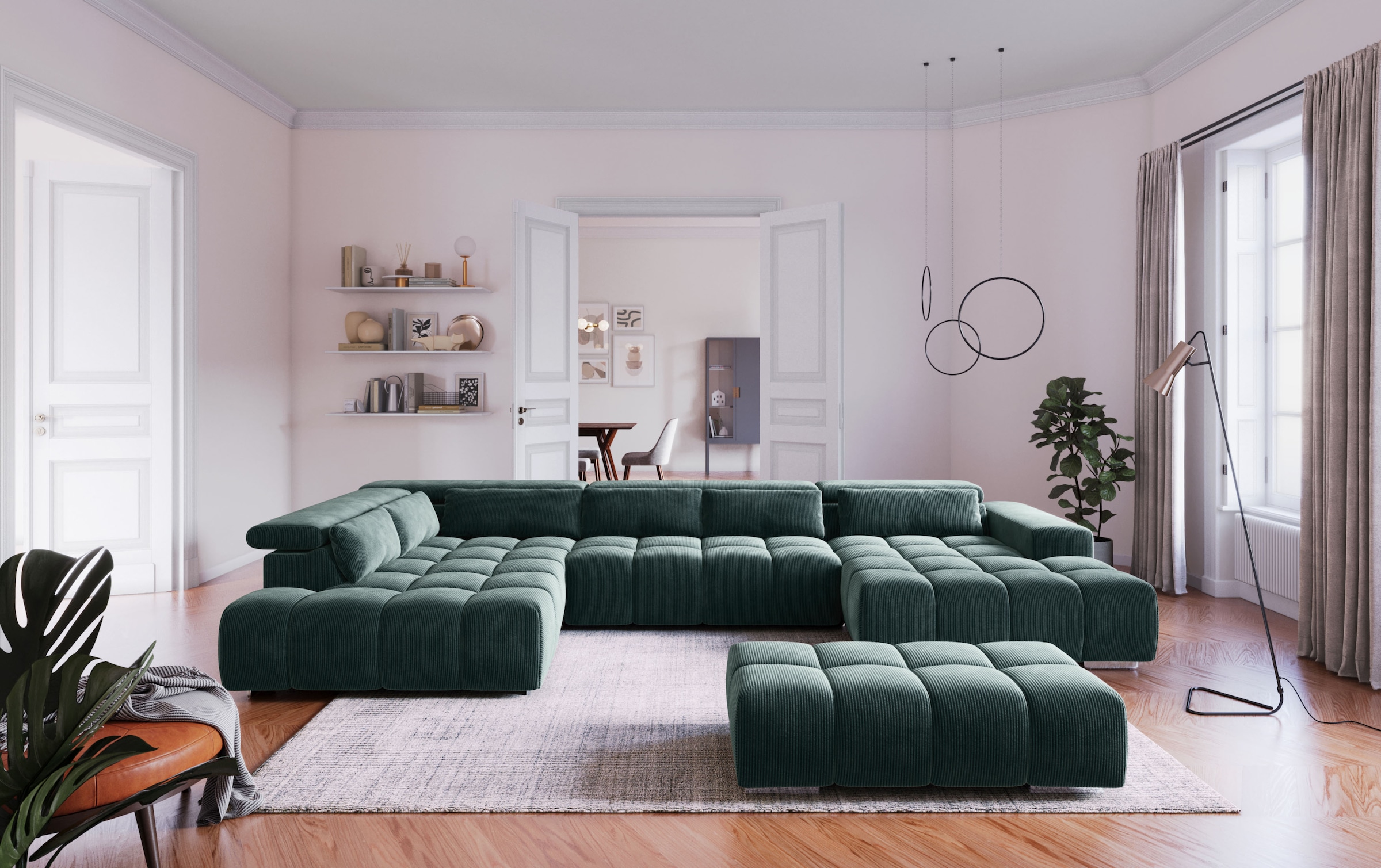 COTTA Wohnlandschaft "Orion U-Form XXL, B: 409 cm, bequeme Wellenunterfederung, top modern" mit Kopfteilverstellung & 6 Nierenkissen