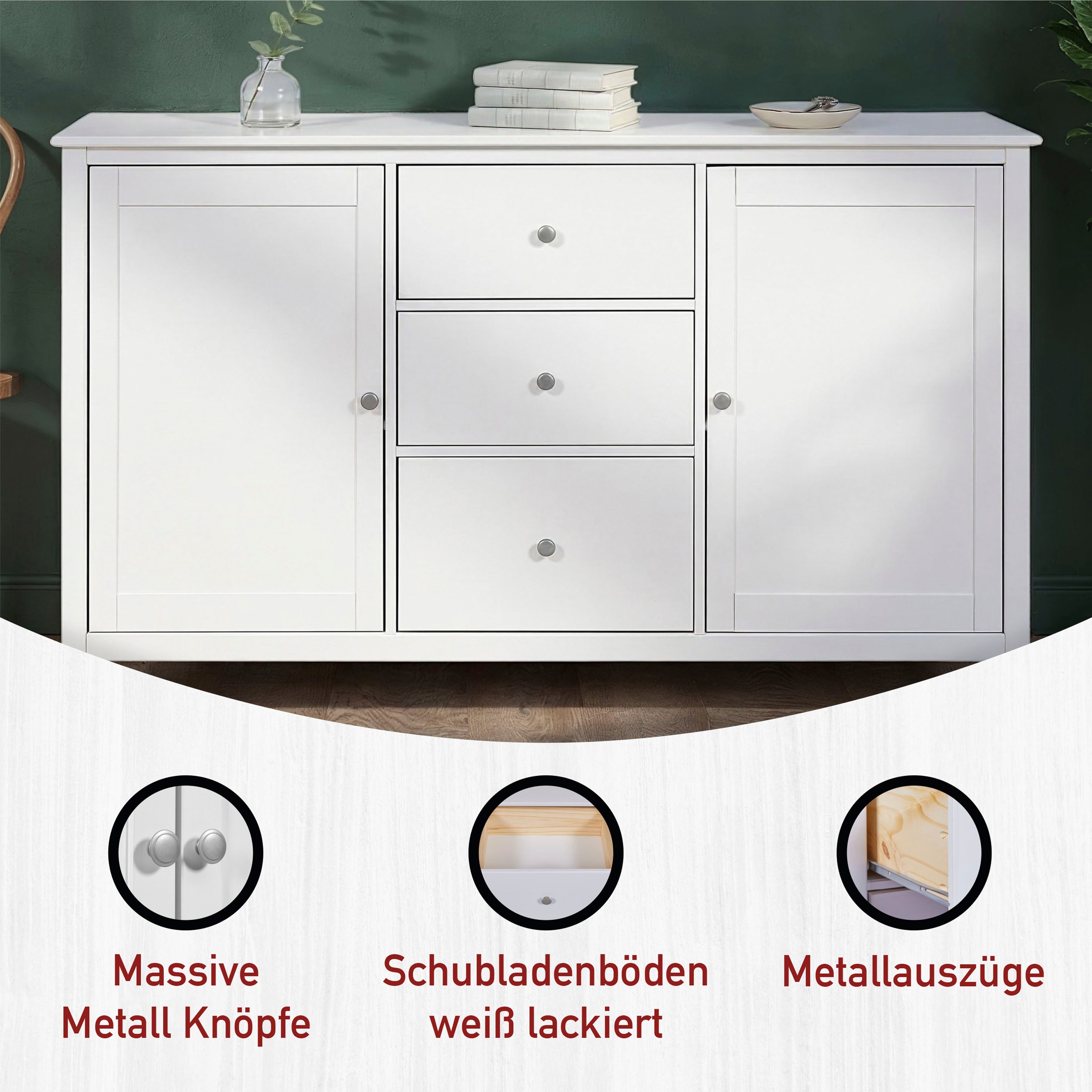 Inter Link Buffet »Pinora, Vitrine Kiefer Massivholz, Küchenschrank Weiss lackiert« 1 Stk. tlg. Geschirrschrank im Skandi Look, viel Stauraum, 160 x 39,50 x 197 cm