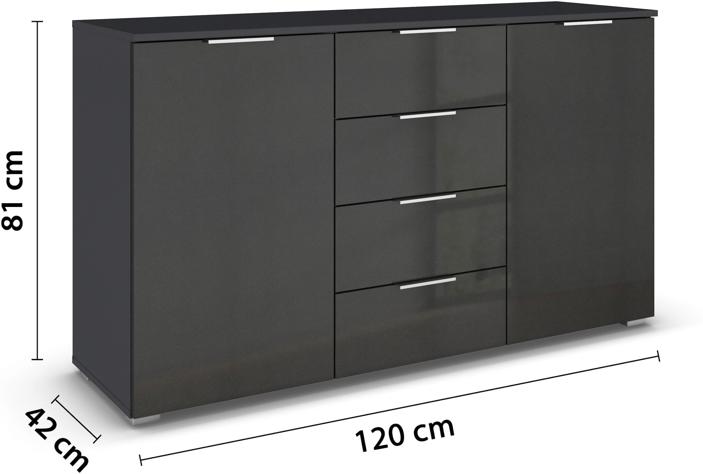 rauch Kombikommode »Sideboard Schubladenkommode AGORDO mit Dekor- oder Hochglanzfront«, (in zwei Griff-Farben, Breite 120 cm), vier große Schubladen, mit insgesamt 4 Einlegeböden MADE IN GERMANY
