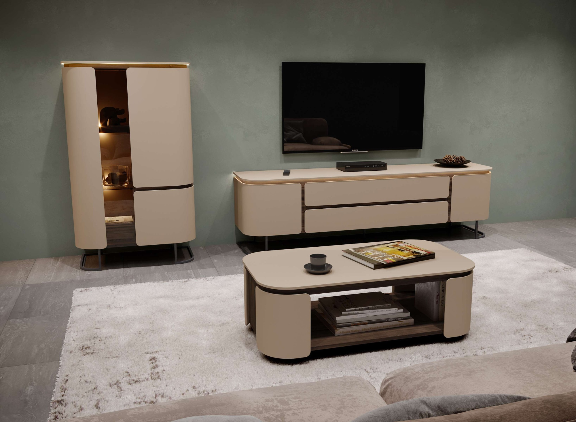 OTTO home Hochkommode »AURA Sideboard, Kommode, Vitrine, Schrank, mit LED-Beleuchtung« UV lackiert, Soft Close Funktion, Metallrahmen als Basis des Elements